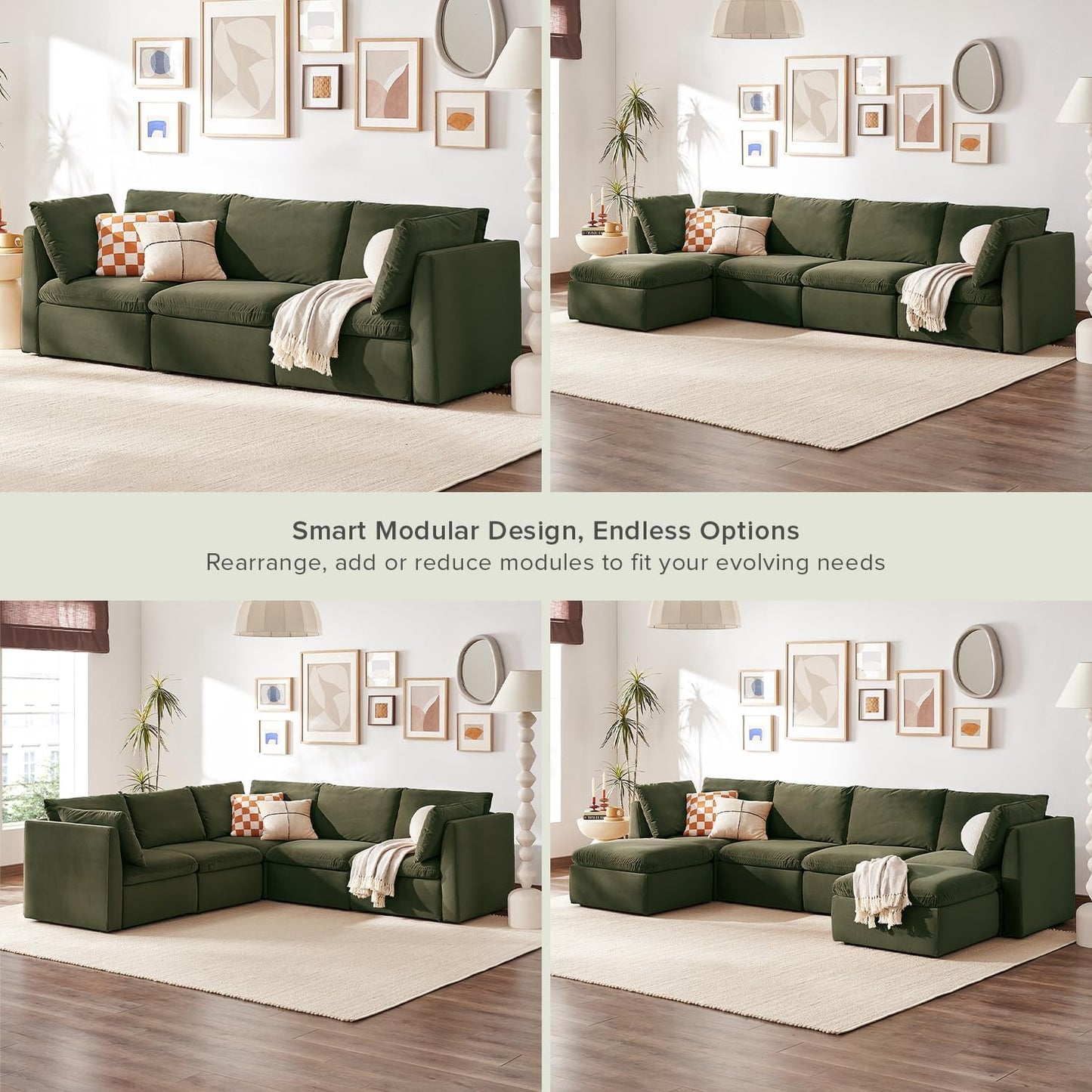 mopio Oversized Modular Sectional Sofa with Fully Removable Covers and Storage, Convertible U, L-Shaped and Sleeper Sectional, Modern Couches with Ottoman Chaise (Olive Green Velvet, 3 Seater)