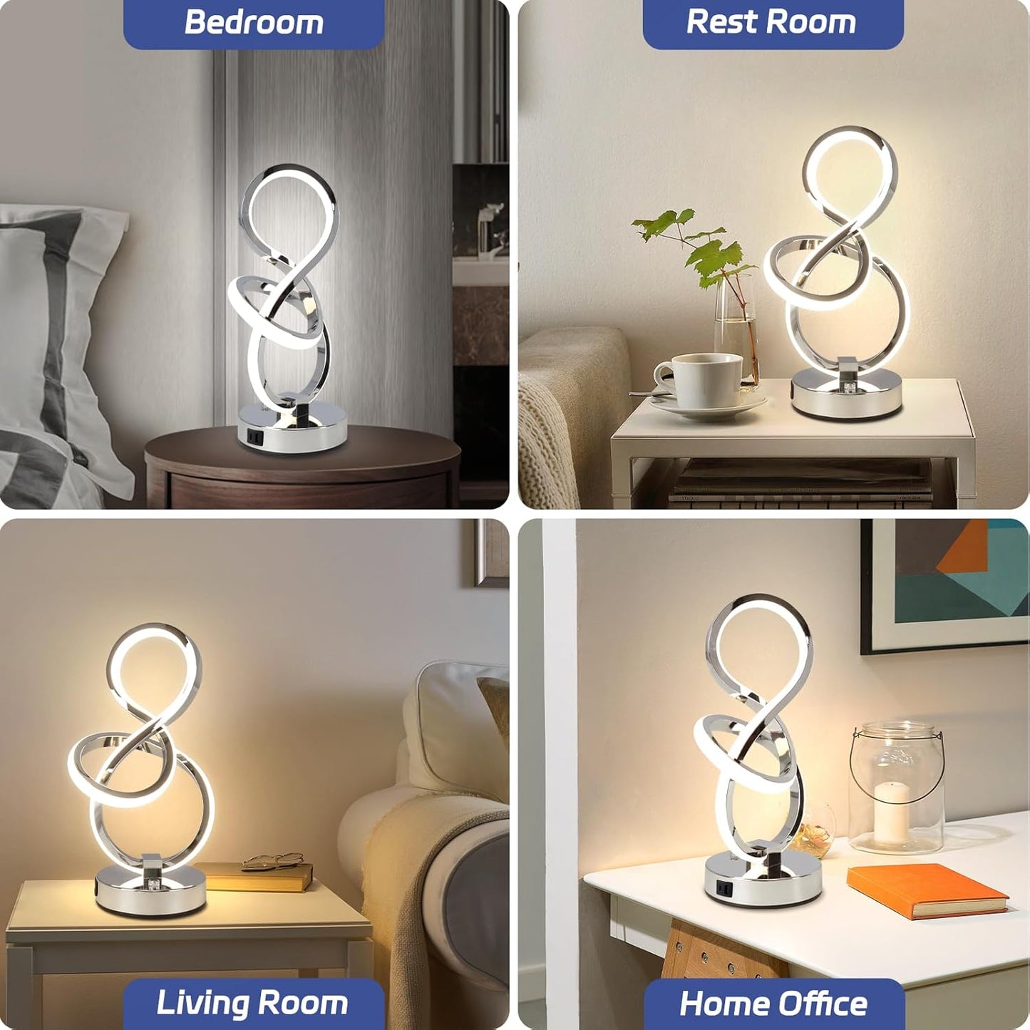 Modern Table Lamp, LED Bedside lamp with USB C+A Ports, Touch Stepless Dimmable Nightstand lamp, Unique Spiral Table lamp for Bedroom Living Room Home Office, LED Spiral lamp, Silver