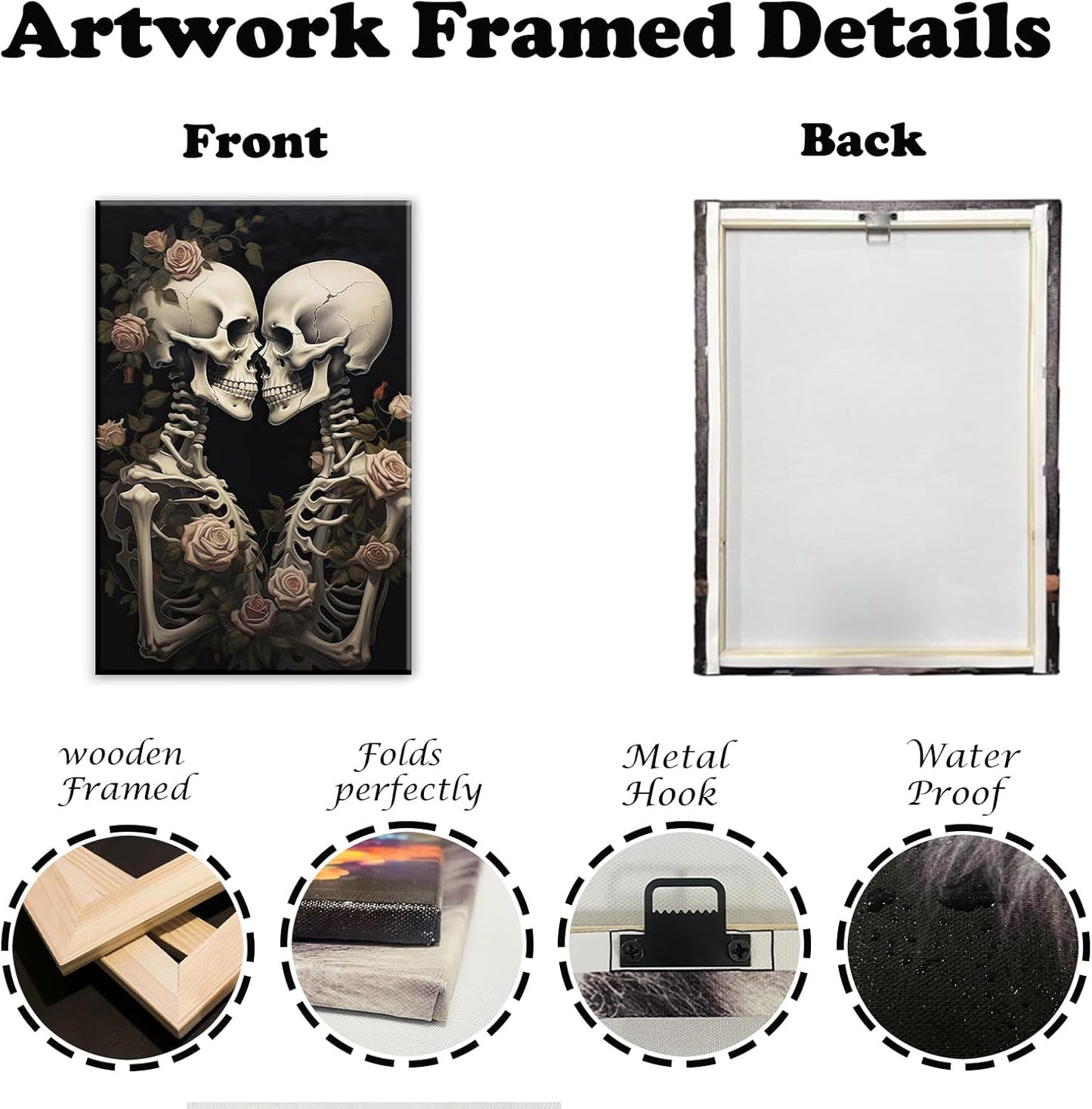 OAAPITI Vintage Skeleton Canvas Wall Art Gothic Painting Artwork Retro Rose Skull Art Poster Abstract Romantic Theme Picture Halloween Living Room Decor(Artwork-4,20"x30")