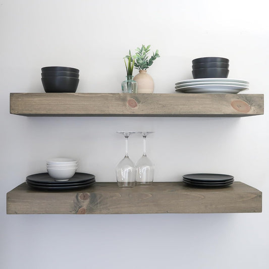Modern Floating Shelves 3 Inches Thick for Wall, Wide Shelves for Kitchen, Living Room, Bedroom, and Bathroom, Natural Pine Wood, Rustic Wooden Shelf, (Set of 2) (Aged Barrel, 36Lx3Hx6D)