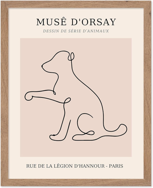 Poster Master Vintage Poster - Retro One Line Dog Drawing Print - Dog Art - Minimal Gift for Men, Women, Animal Lover - Abstract Wall Decor for Home, Office, Bedroom, 11x14 Beige Framed