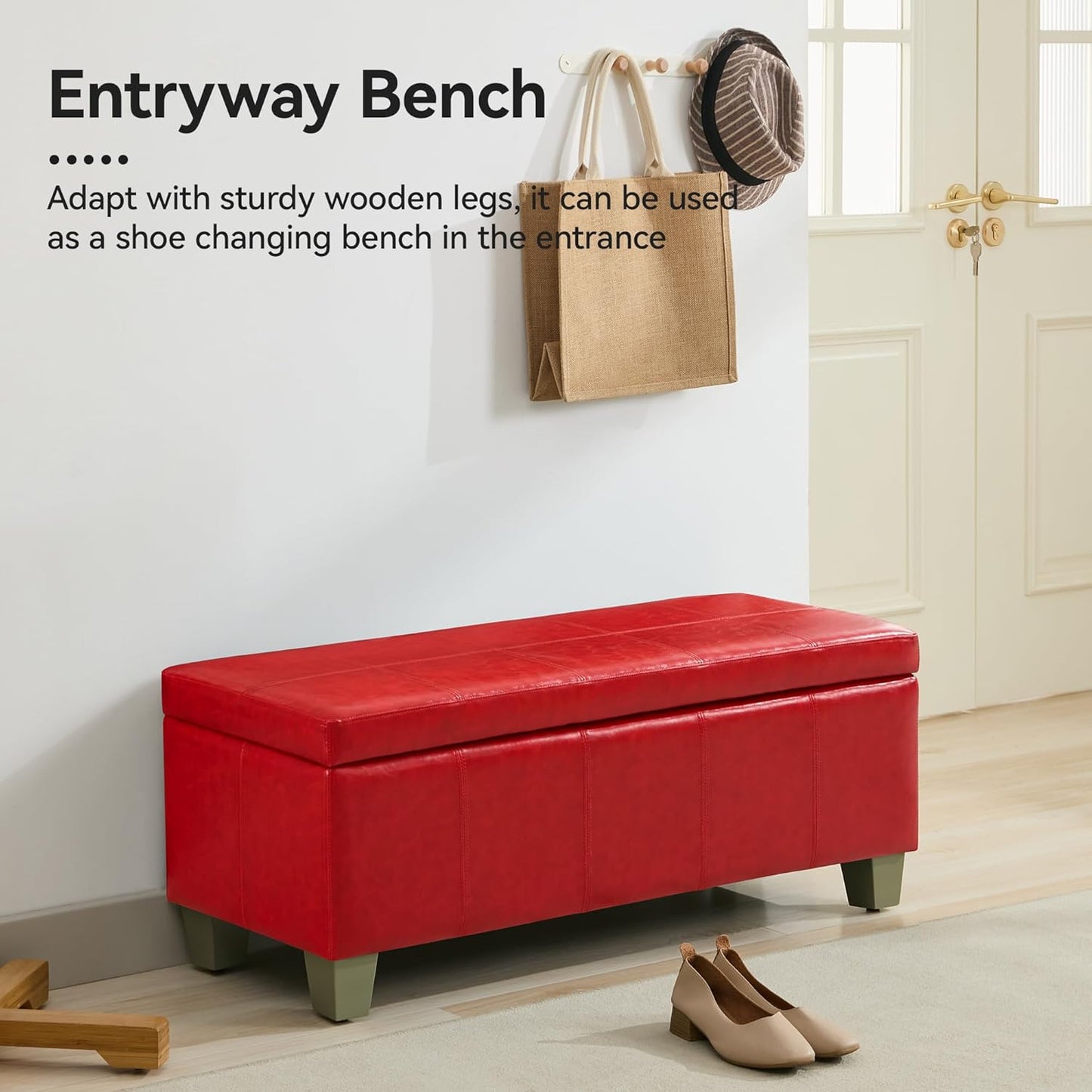 41" Faux Leather Storage Ottoman, Stitch Tufted Rectangle Upholstered End of Bed Storage Bench, Entryway Large Couch Ottoman with Wooden Legs,Red