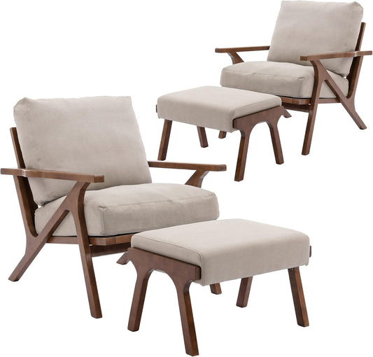 chairus 2 Sets Mid-Century Modern Accent Chairs with Ottoman, Linen Fabric Armchair with Wood Legs Comfy Upholstered Single Sofa Chair for Living Room/Bedroom/Lounge, Beige