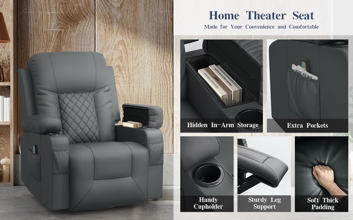 Recliner Chairs for Adults, Massage Rocker with Heated Modern Ergonomic Lounge 360 Degree Swivel Single Sofa Seat Living Room Lounge Recliners Gray