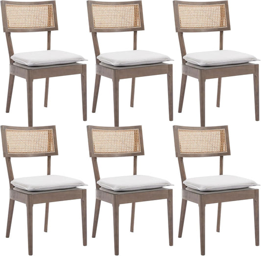 Rattan Dining Chairs Set Of 6 , Mid Century Modern Upholstered Cane Back Chairs with Removable Linen Cushion , Retro Farmhouse Natural Wooden Kitchen & Dining Room Chairs for Restaurant Living Room