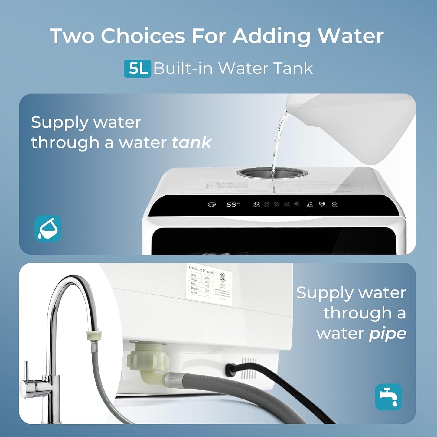 EUHOMY Countertop Dishwasher with 5L Built-in Water Tank& Inlet Hose Portable Mini Dishwashers with 6 Programs for Small Apartments, Dorms and RVs,High-Temp& Air-Dry Function, No Hookup Needed