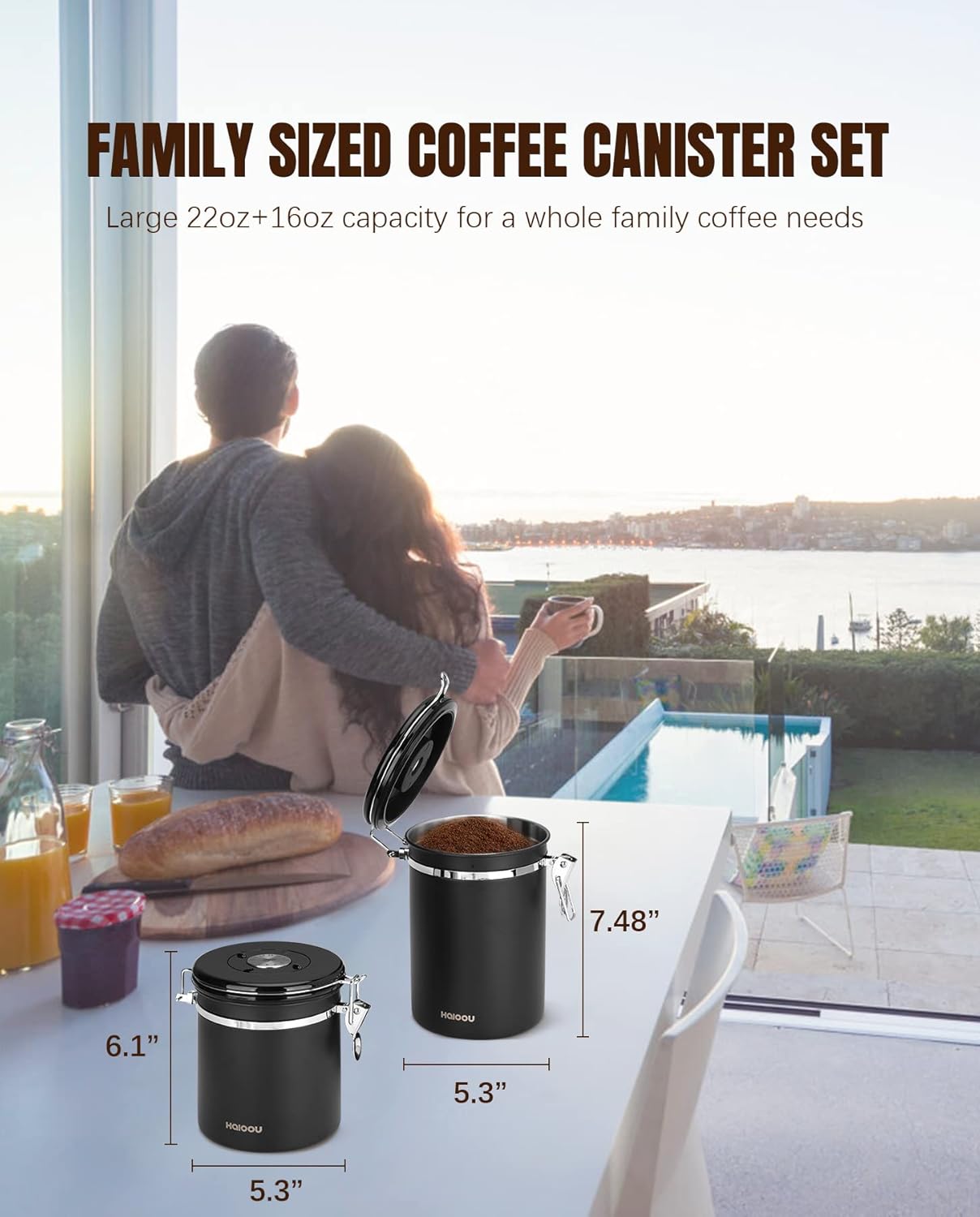 HAIOOU Airtight Coffee Canister, 22OZ +16OZ 2 Piece Stainless Steel Coffee Bean Storage Container with Date Tracker, Measuring Scoop, CO2 Releasing Valves, Mini Tongs for Coffee Bean, Grounds - Black