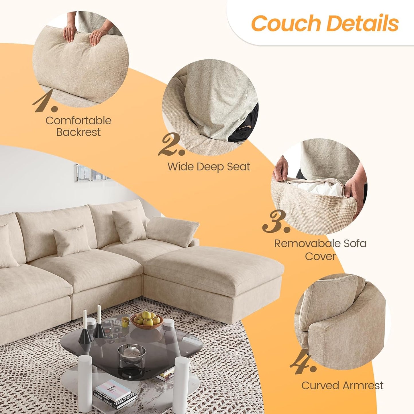 JACH U Shaped Sectional Couches, Cloud Sectional Couch with Deep Seat, 119" Down Filled Modular Sofa with Chaise, Covers Removeable & Washable, Sofas Furniture for Living Room, Khaki