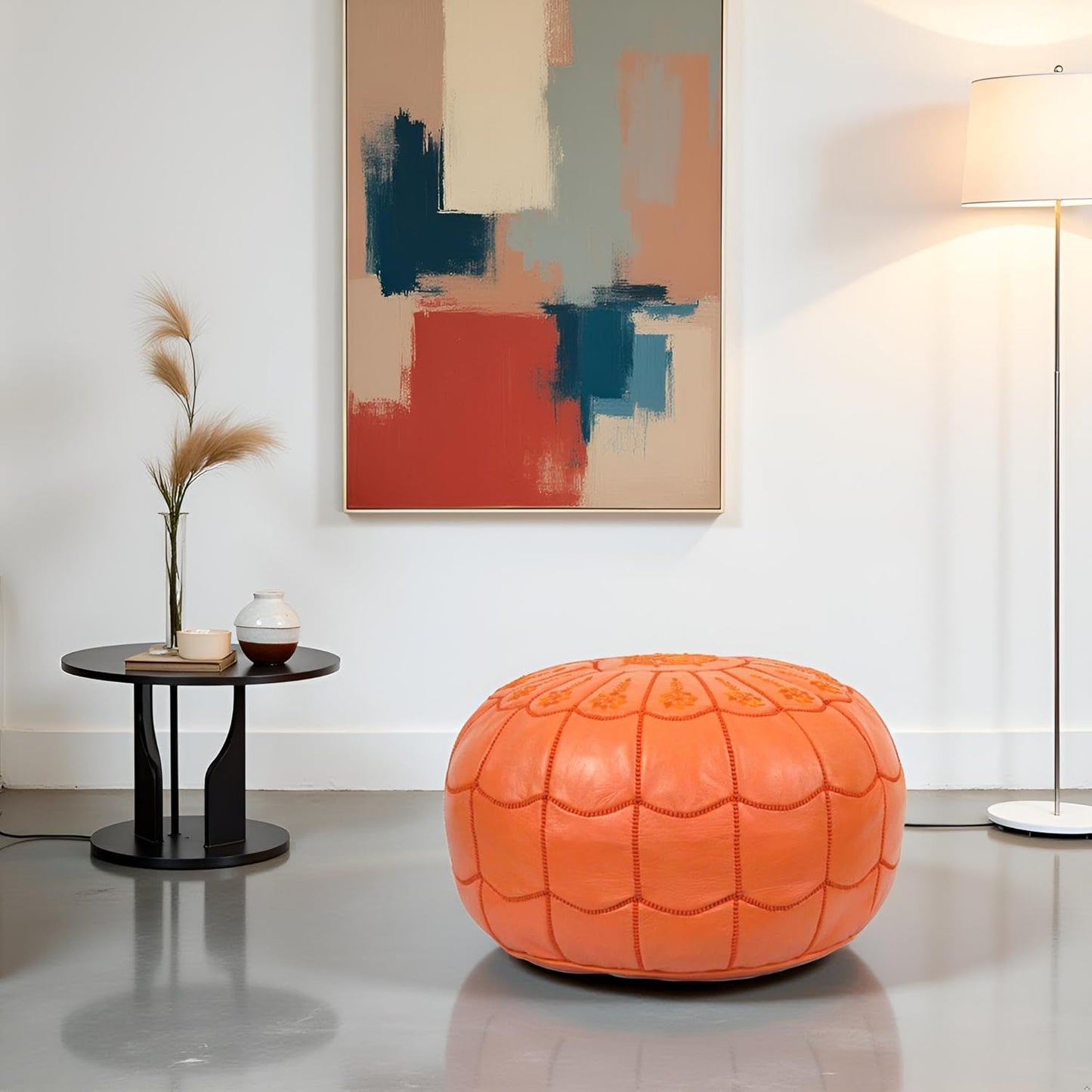 Stuffed Arch Design Moroccan Leather Pouf Ottoman, Handmade, Pre-Filled, 100% Genuine Leather, 14” Height x 22” Diameter – Boho Chic Footstool & Living Room Décor (Orange)
