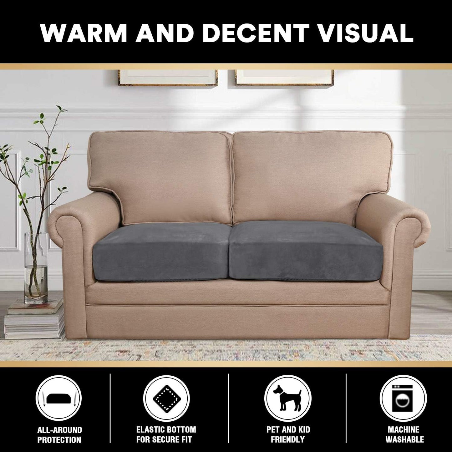 PrinceDeco Stretch Velvet Couch Cushion Covers for Individual Cushions Sofa Cushion Cover Seat, Sofa Covers Washable, Couch Seat Cushion Covers for Sectional (2 Pieces, Grey)