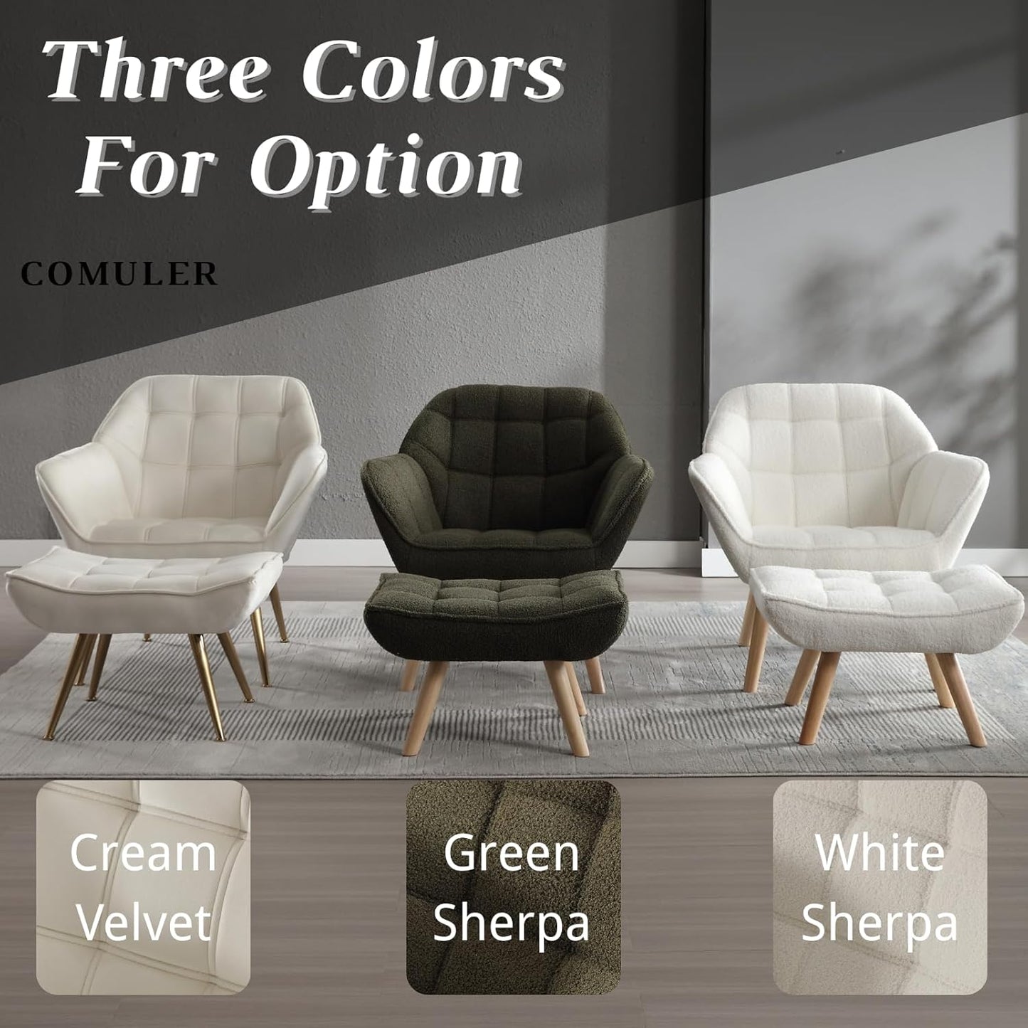 White Sherpa Accent Chair with Ottoman ，Modern Reading Chair with Ottoman Set, Comfy Fuzzy Armchair Living Room Chair Lounge Chair with Wood Legs for Small Spaces Bedroom Apartment