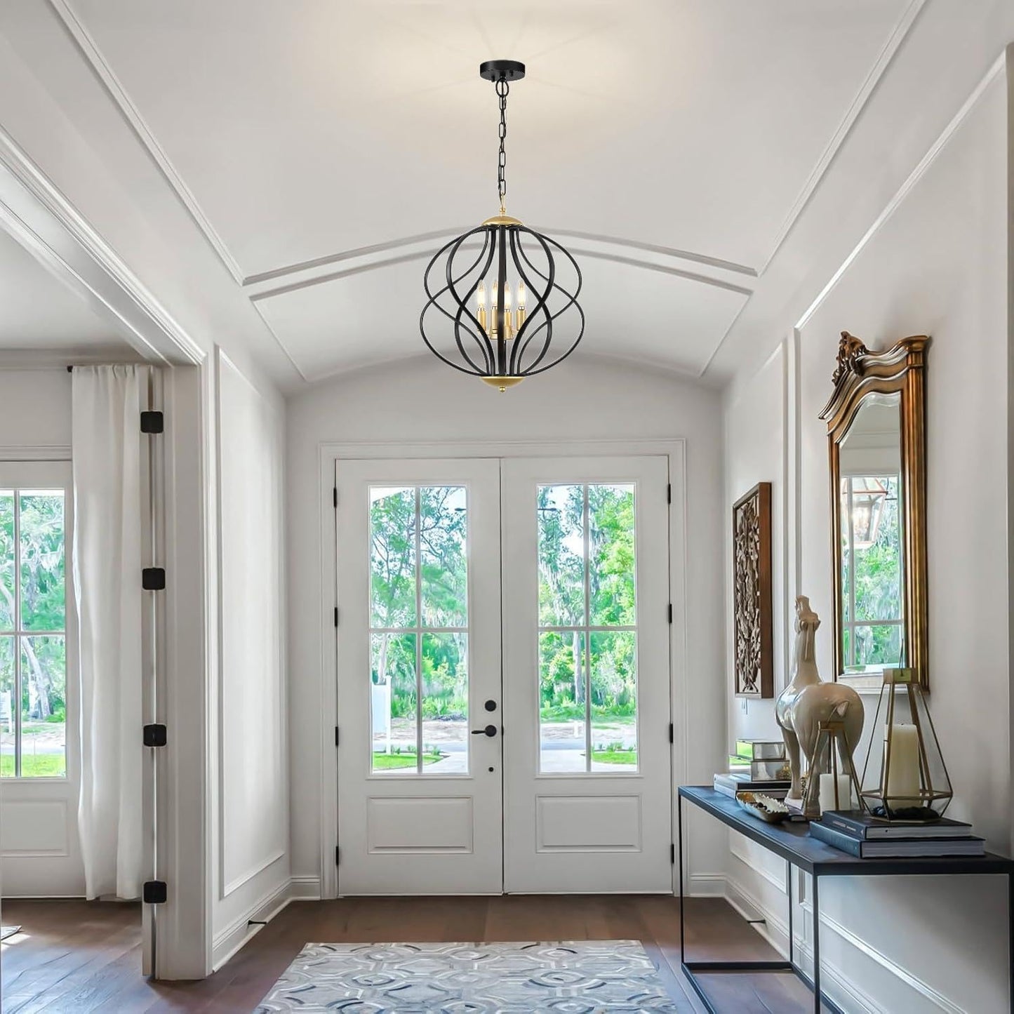 Modern Black and Gold Chandelier for Dining Room, 4 Lights Geometric Chandeliers, Sphere Chandelier Industrial Large Pendant Light Fixtures Hanging for Kitchen, Entryway, Foyer, Stairs