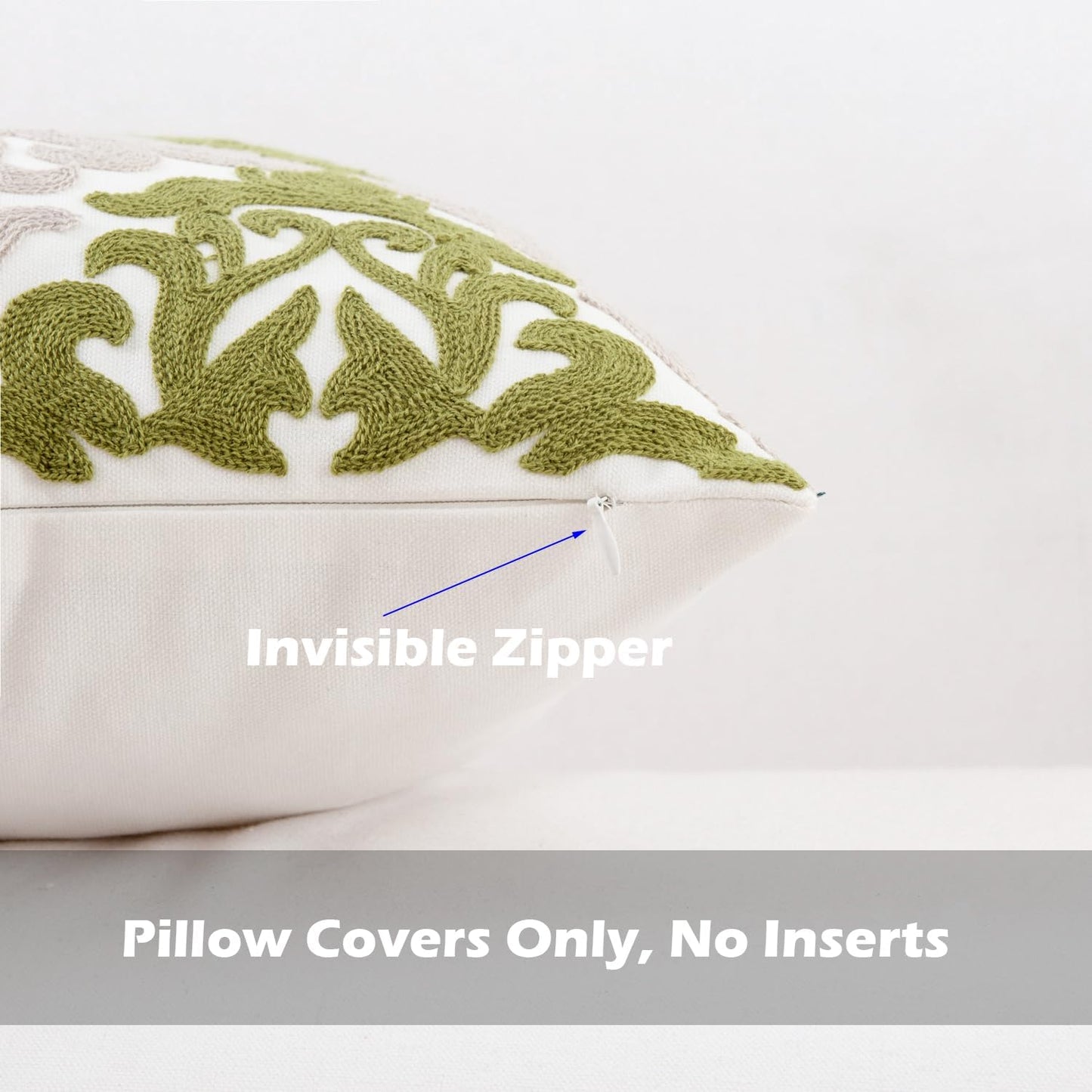 HWY 50 Green Decorative Throw Pillow Covers 18x18 Inch (1 Piece), Embroidered Cotton Farmhouse Cushion Cover Pillow Case for Sofa Couch Living Room Bed Bedroon, Floral Geometric