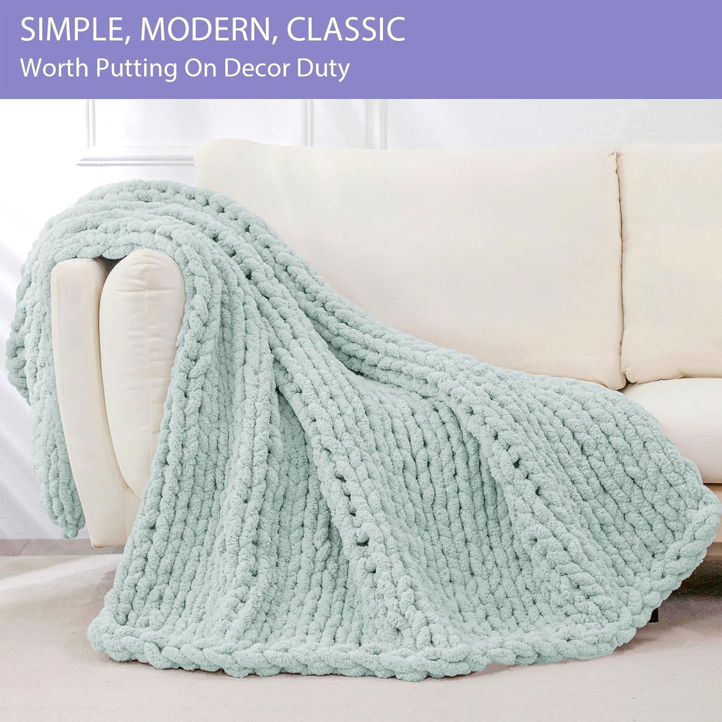 Bigacogo Chunky Knit Throw Blanket for Couch, 40x60 inches, 100% Hand Knitted with Thick Jumbo Chenille Yarn, Cozy Soft Large Rope Knot Cable Crochet Blankets for Sofa Bed Living Room, Mint