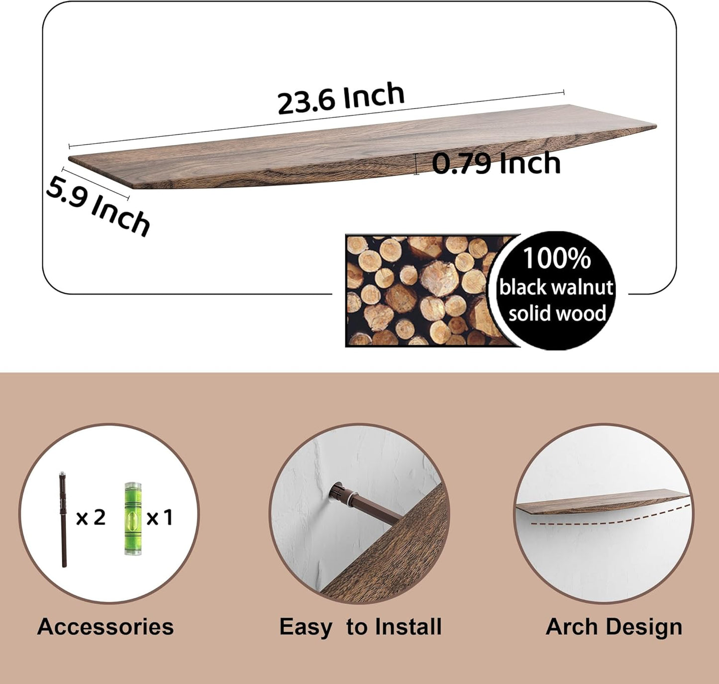 24’’ Black Walnut Floating Shelves - 6 Inch Deep Solid Wood Floating Shelf for Wall, Rustic Zen TV Shelf Wall Mounted, Live Edge Shelf with Invisible Brackets for Living Room, Bedroom, Kitchen.