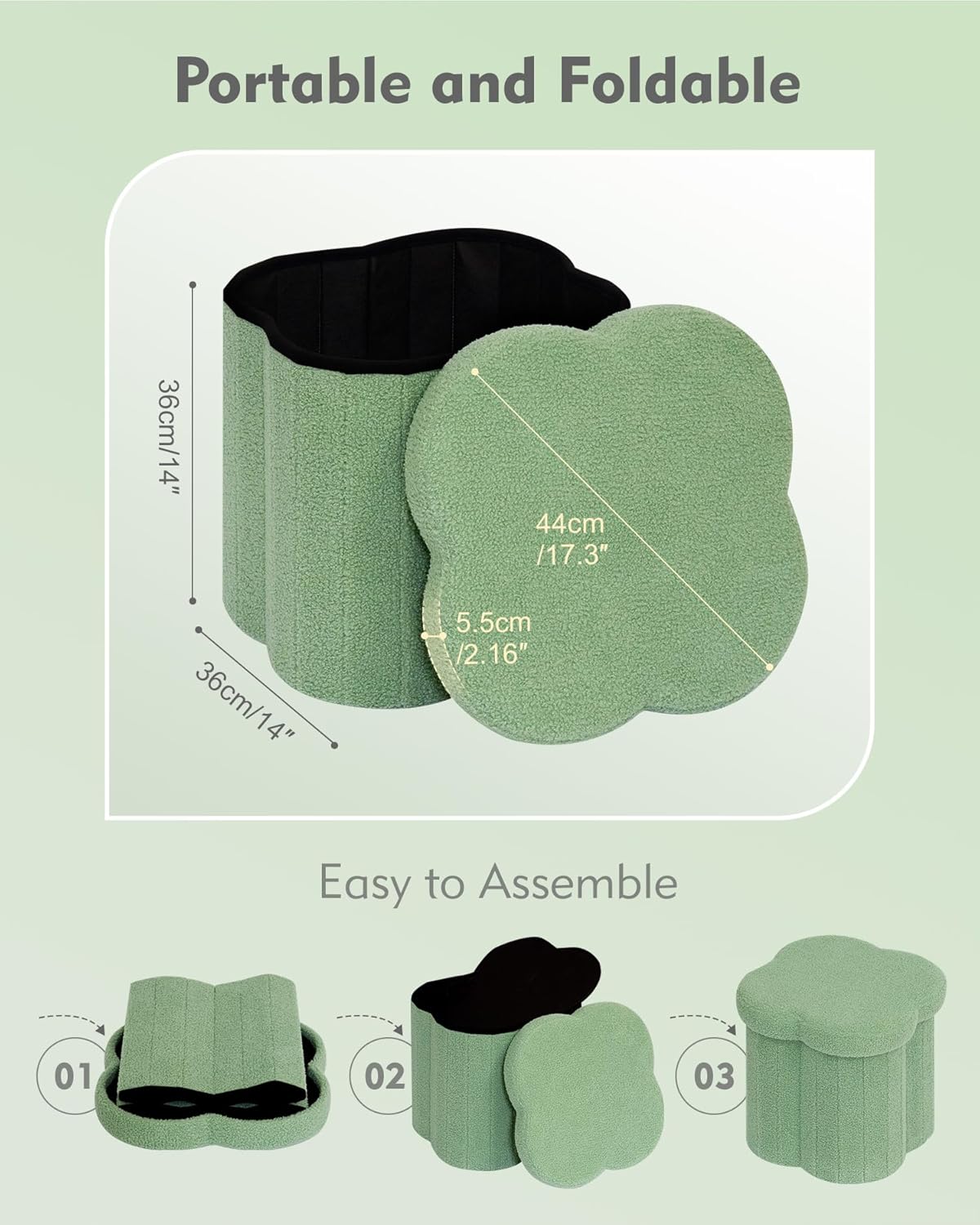 B FSOBEIIALEO Storage Ottoman Cube, Flowers Shaped Ottomans with Storage Foot Stool Footrest, Boucle Ottoman Seat for Dorm Room, Faux Teddy Fur, Green 15"x15"x15"