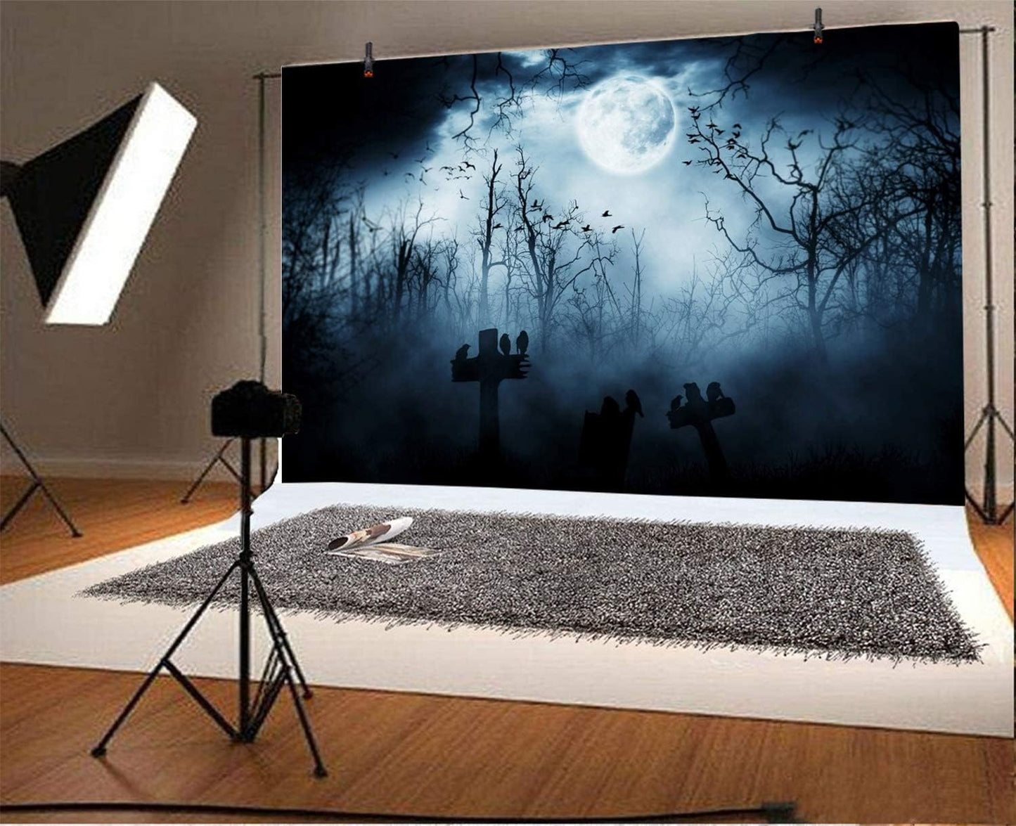 AOFOTO 10x6.5ft Moon Night Halloween Cemetery Photography Backdrop Flying Bats Birds Stand on Gravestone Cross Graveyard in Dark Forest Photo Background Cloth Vinyl Wallpaper Photo Studio Props