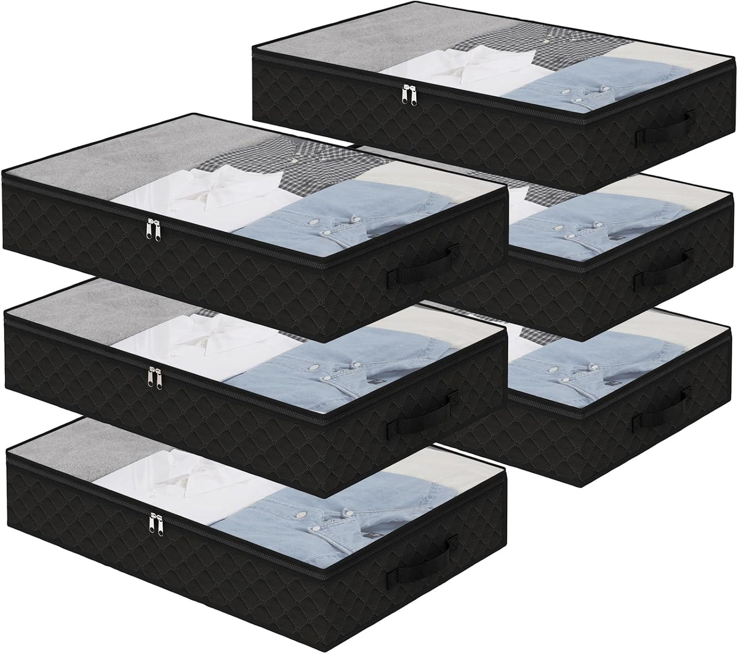 Fixwal Black Underbed Storage Bags with Clear Window and 2 Reinforced Handles Under Bed Storage Containers for Clothing, Bedding, Comforter (6 Pack)