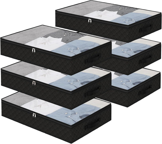 Fixwal Black Underbed Storage Bags with Clear Window and 2 Reinforced Handles Under Bed Storage Containers for Clothing, Bedding, Comforter (6 Pack)