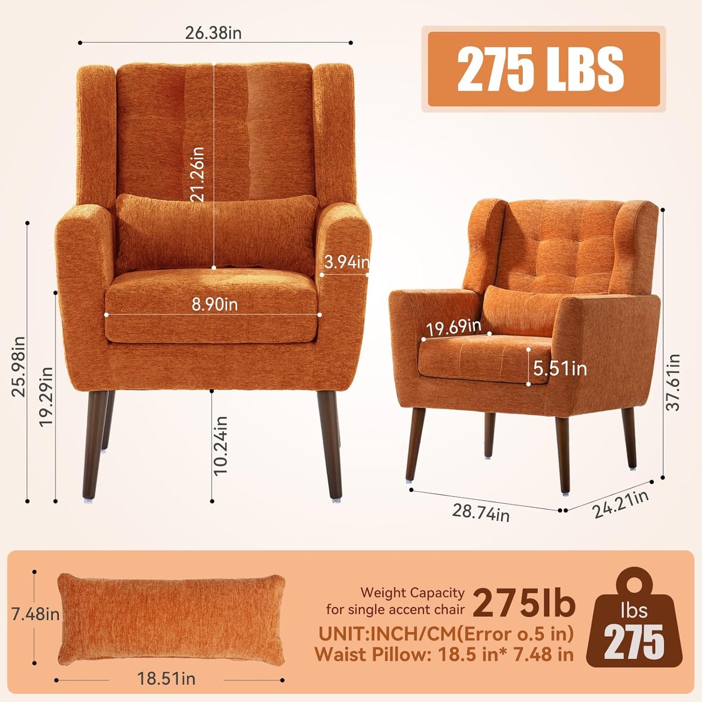 Modern Accent Chair, Upholstered Armchair with Pillow, Fabric Single Sofa Chair with Lounge Seat and Wood Legs Accent Chair for Living Room Bedroom Small Spaces (Orange, Set of 1)
