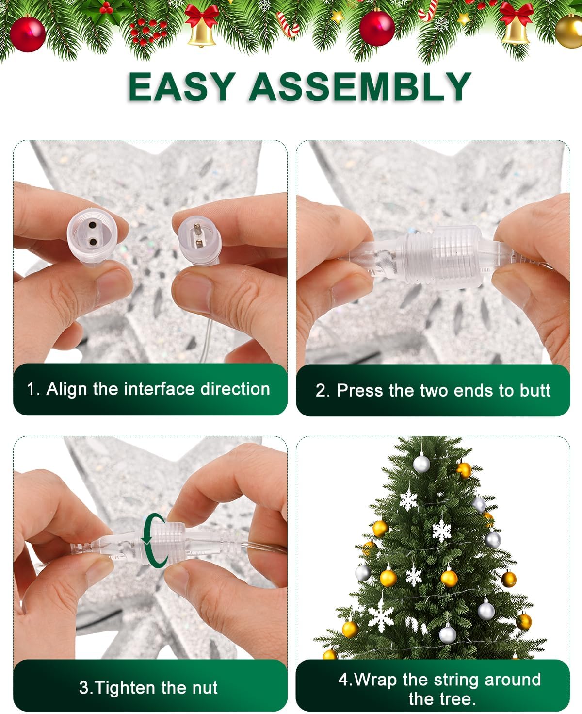 Kesfitt Christmas Tree Topper with 10M Colorful Light Cord, Tree Top Star Decoration with 6 Projection Modes, Silver Tree Topper Lighted 3D Glitter Dynamic Projection for Xmas Party Holiday