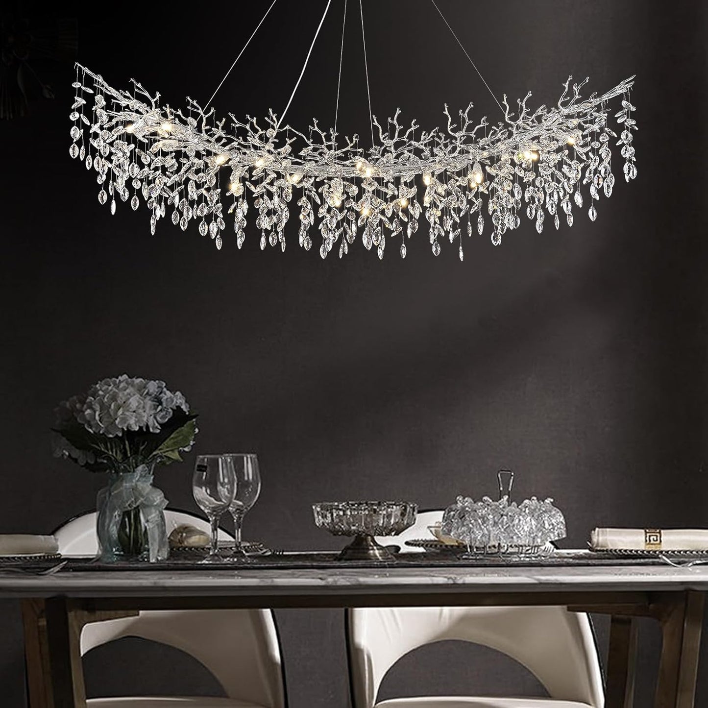 Modern Crystal Silver Chandelier,72" Large Rectangular Chandeliers for Dining Room, Tree Branch Crystal Lving Room Chandelier,Dining Room Over Table Chandelier,Fixture Height-Adjustable