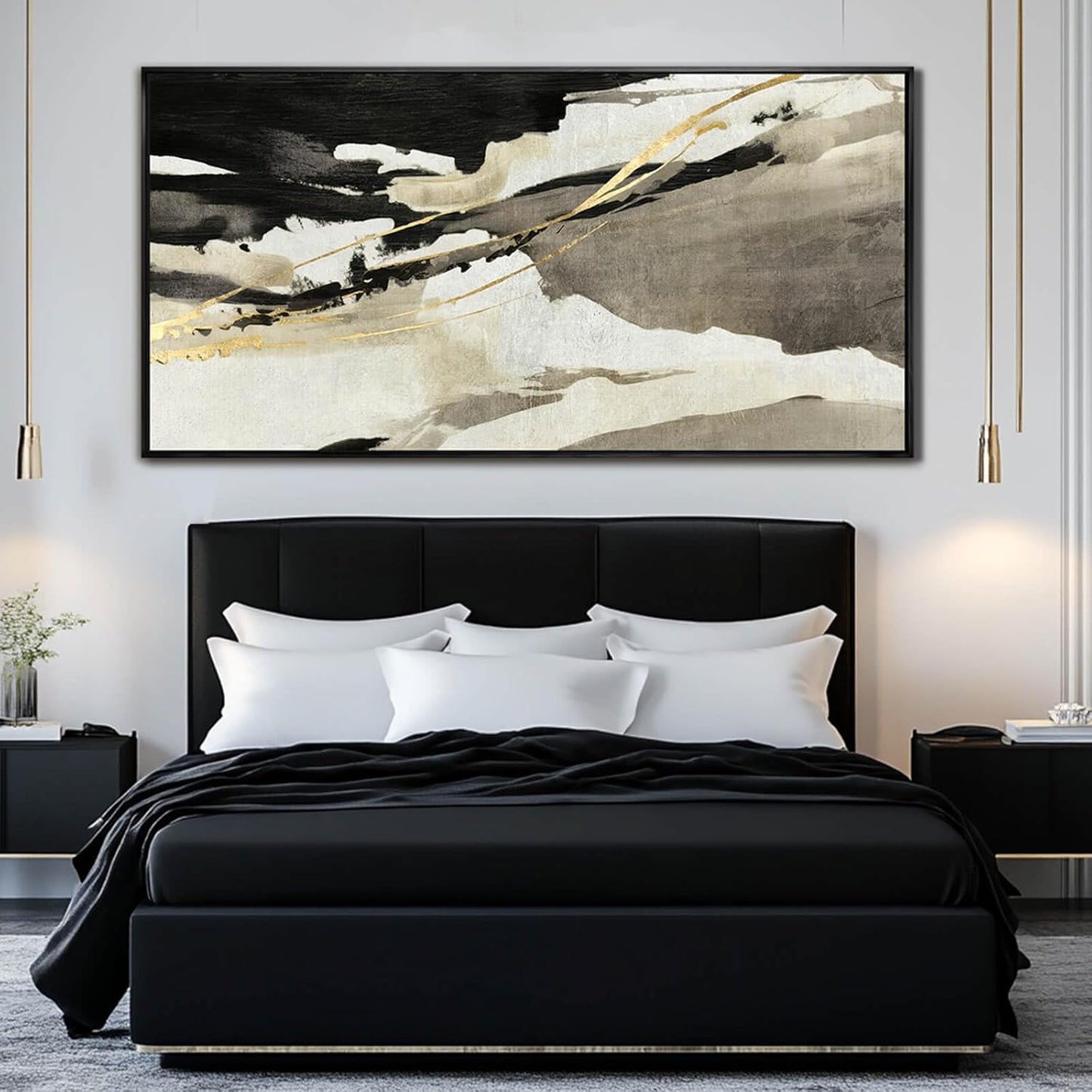 Black Gold Abstract Wall Art White Wall Decorations Canvas Art for Living Room Contemporary Painting Wall Decor Framed Pictures 29"x58"