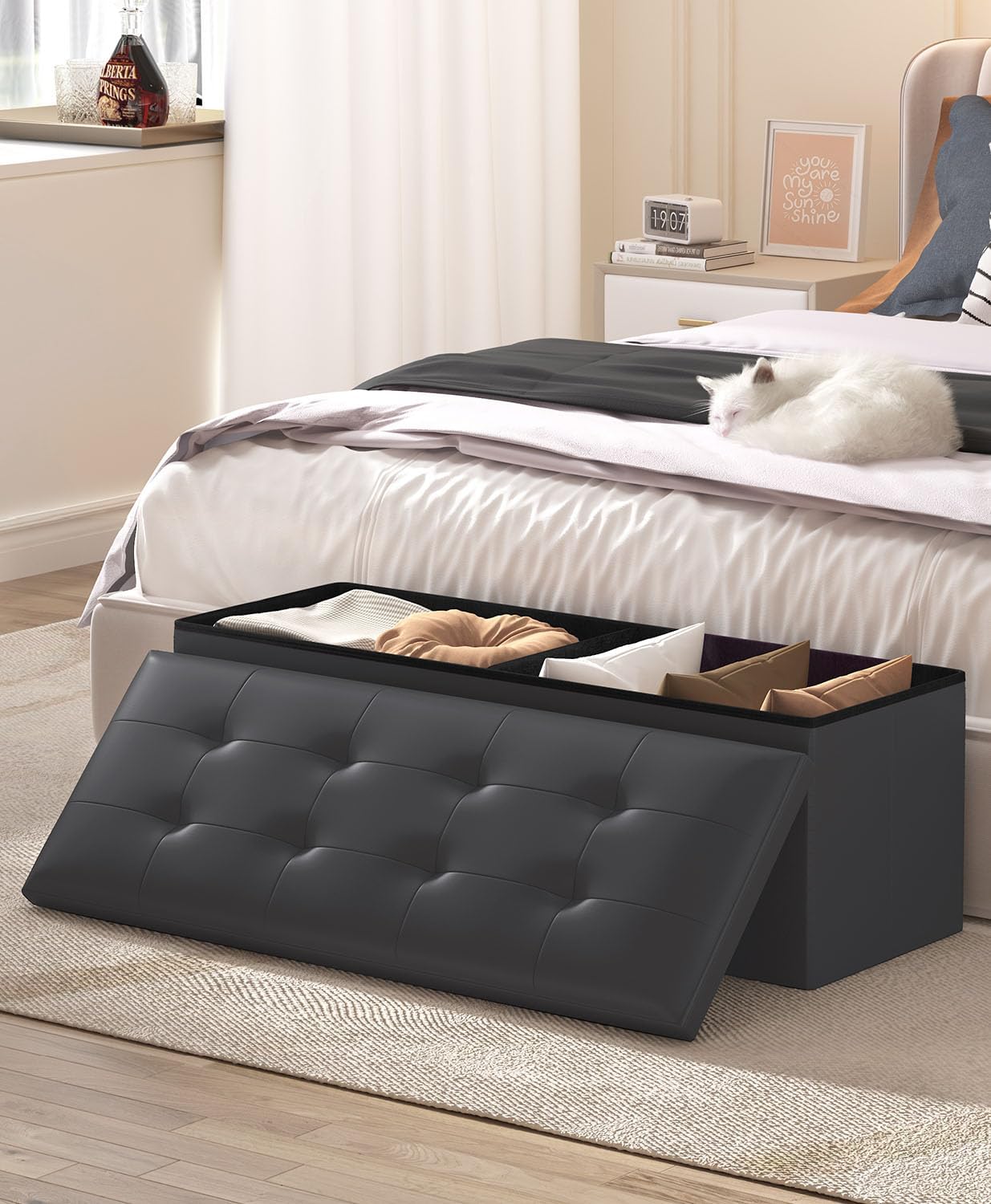 Storage Ottoman Bench, Folding Ottoman Foot Rest, 15 x 43 x 15 Inches, End of Bed Bench,Storage Chest, for Living Room, Bedroom, Hallway, Entryway, Holds up to 700 lb,Black