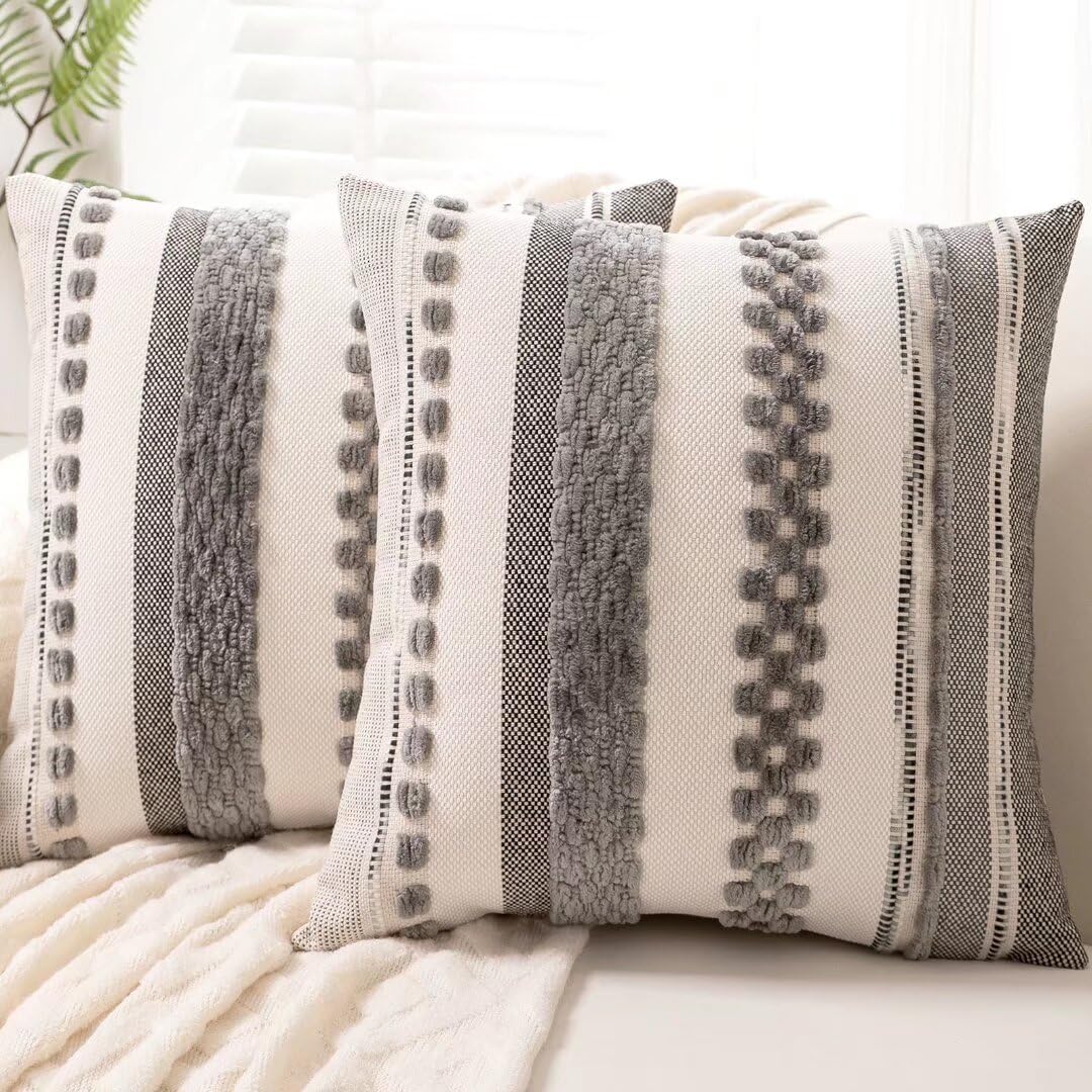 Boho Throw Pillow Covers 18x18 Set of 2 Farmhouse Decorative Cushion Case Striped Square Pillows Cover Chenille Pillow Cases Accent Neutral Pillowcase for Sofa Couch Bed,Gray