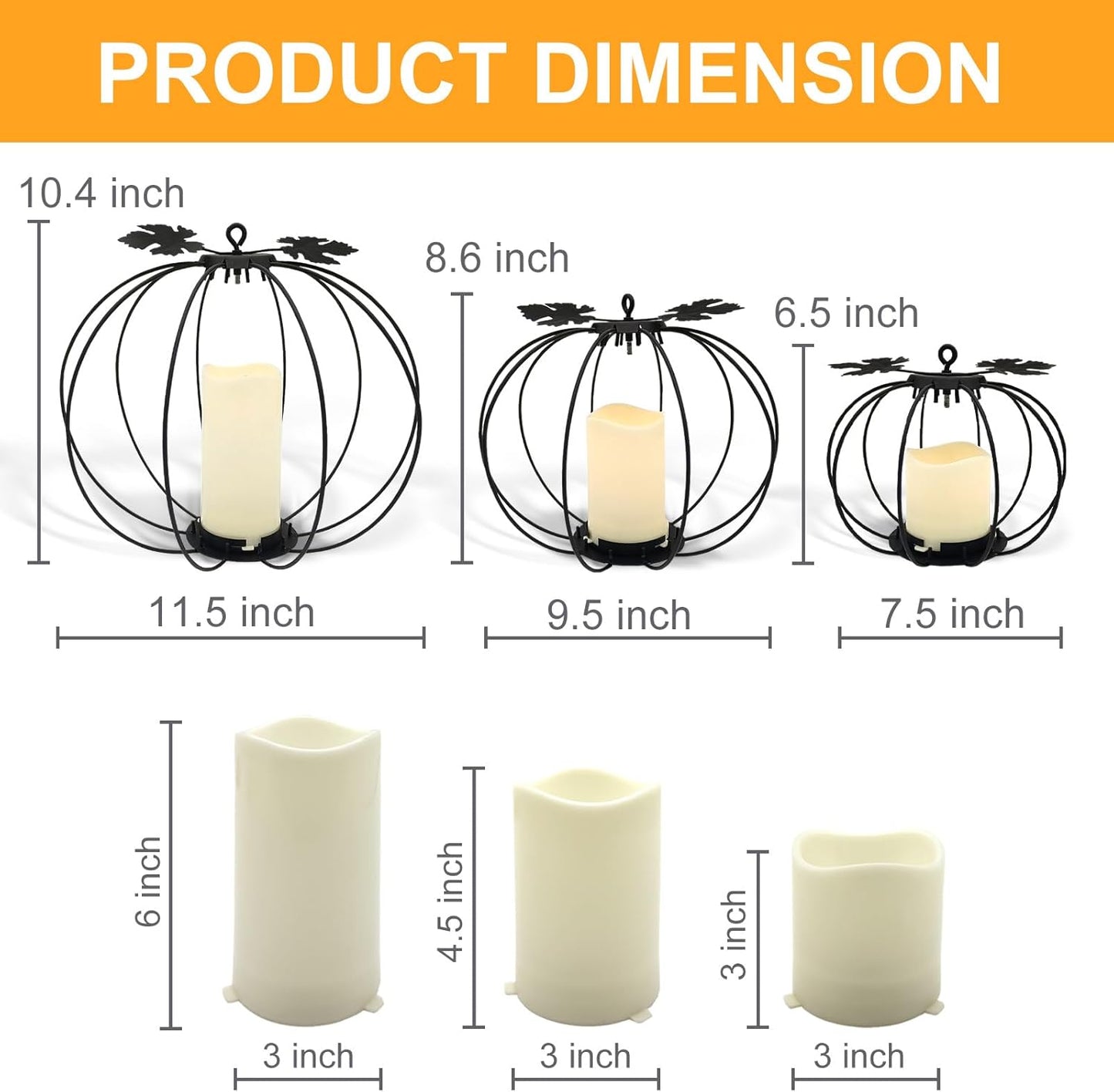 Halloween Metal Pumpkin Candle Holder, 3 Pcs Light up Black Pumpkin Lantern with LED Flickering Yellow Candle Lights Build in Timer for Thanksgiving Halloween Harvest Fall Home Decor