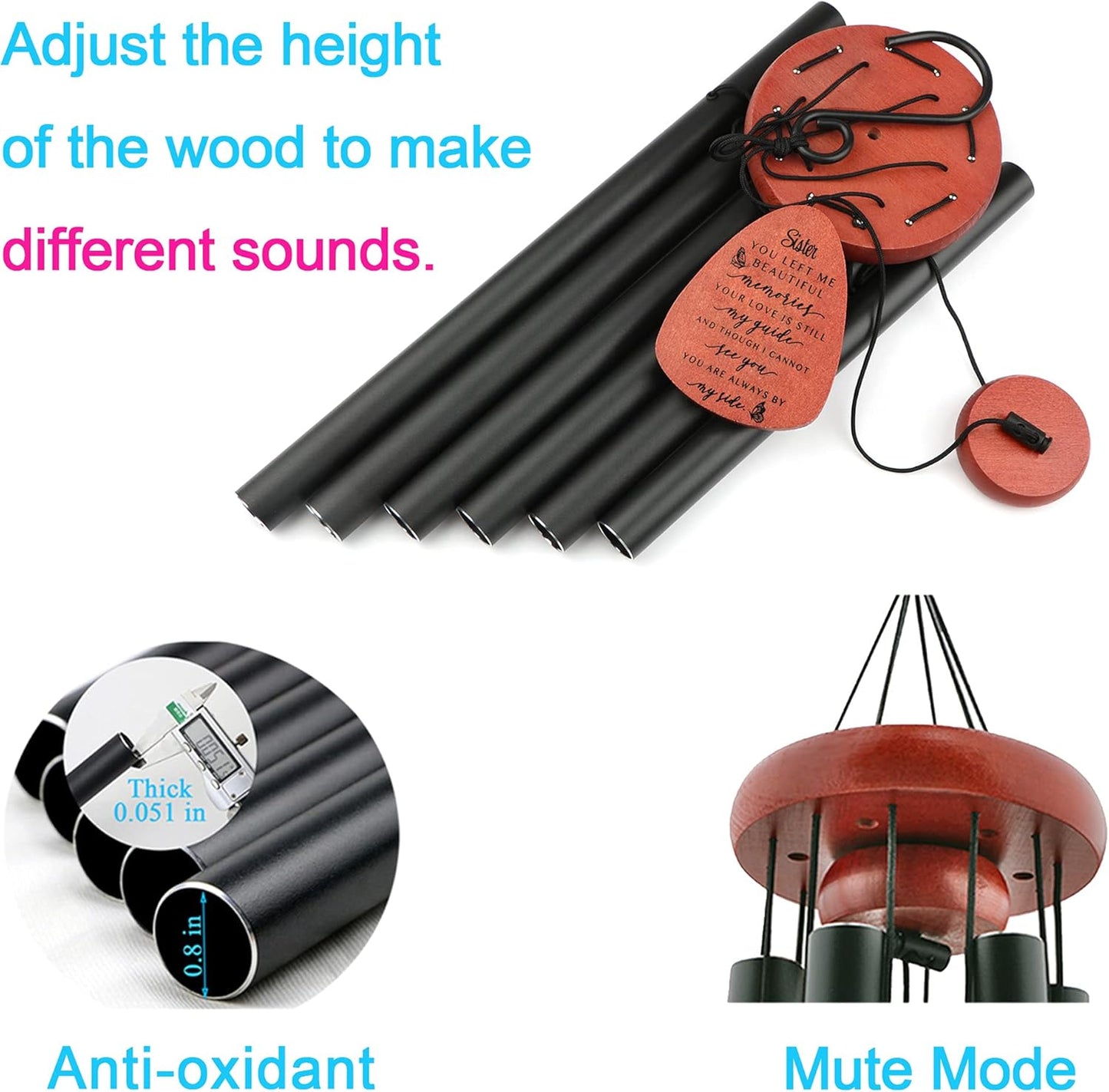 Memgift Memorial Wind Chime for Loss of Sister - Sympathy Gift for Bereavement - Outdoor Wind Chimes for Loved One - 32 Inch Solid Beech Wood Remembrance Chime for Garden & Patio