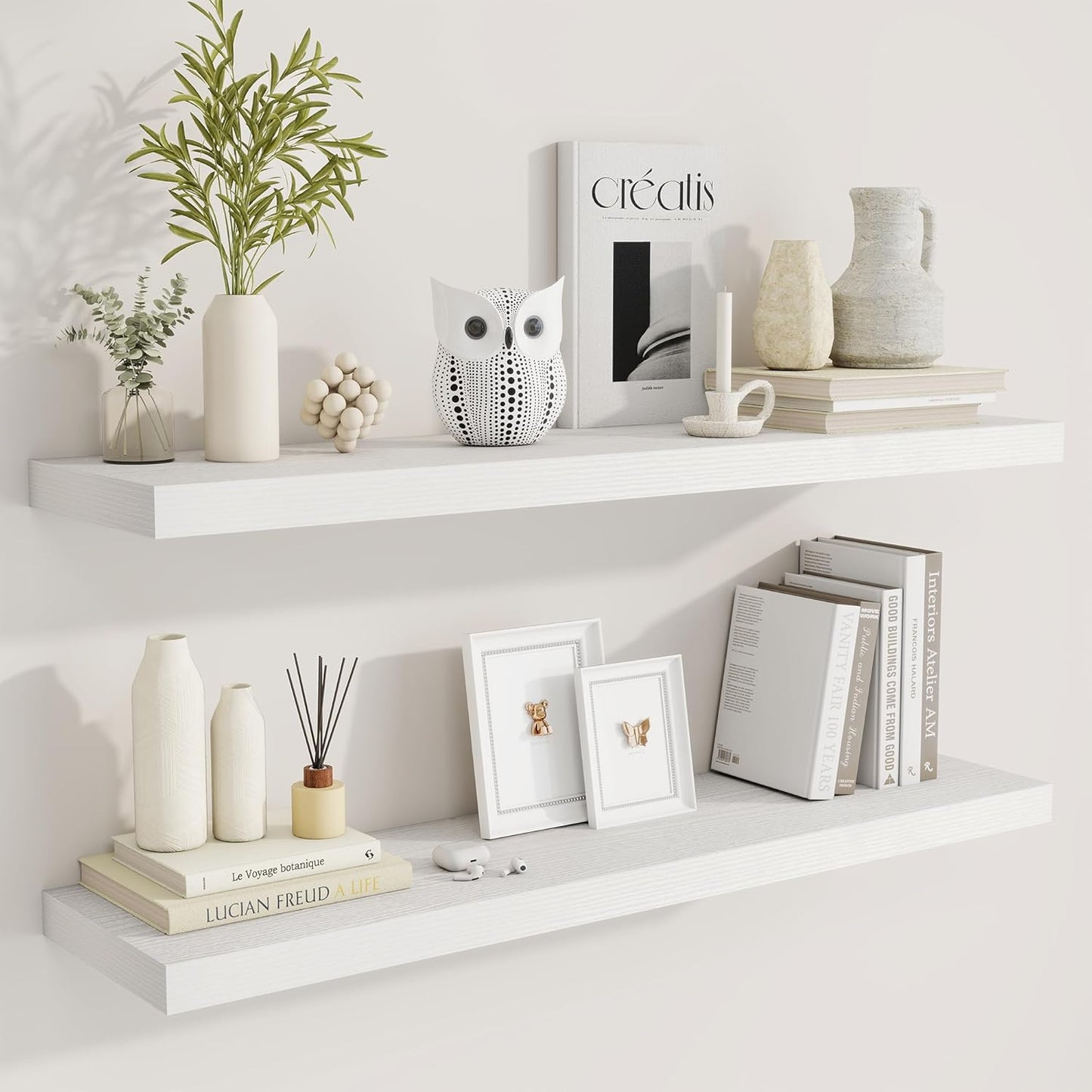 Fun Memories 40" Rustic Wood Floating Shelves with Invisible Brackets for Storage & Decor, Deep Wall Mounted Shelves for Bathroom, Kitchen, Living Room (White, Set of 2)