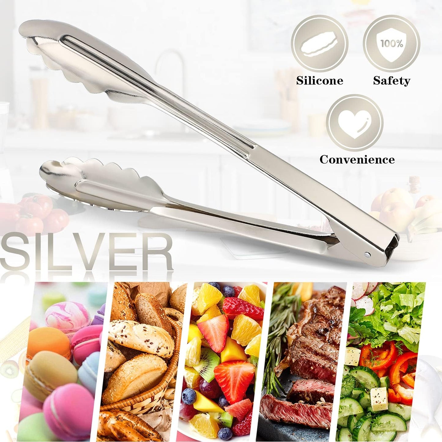 MSY BIGSUNNY 9 Inch Food Tongs for Cooking and Serving- Aluminum Kitchen Utensil - Set of 3 (silver)