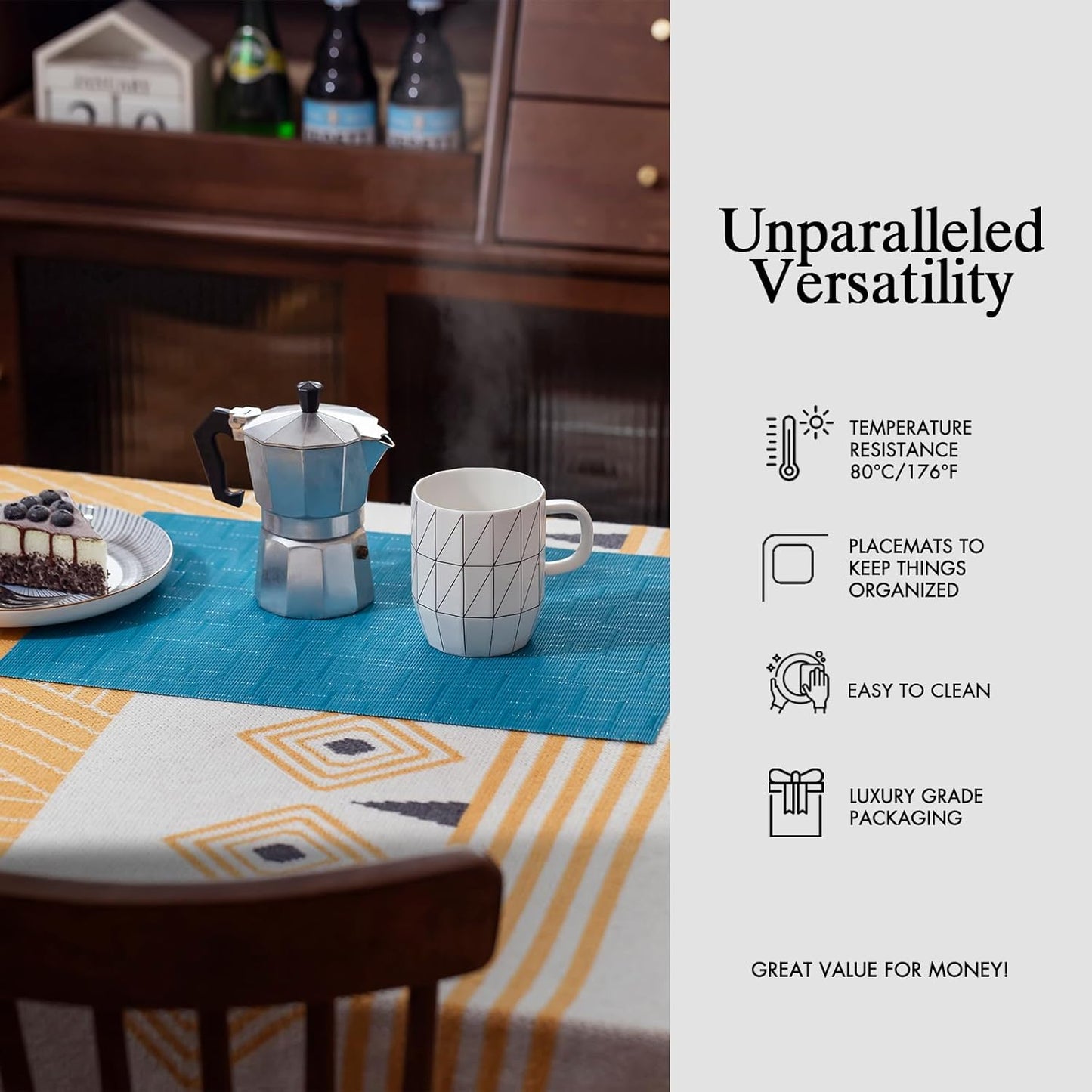 Placemats Set of 12 - Easy Clean Woven Vinyl Placemats for Dining Table, Indoor/Outdoor Place Mats, Washable PVC Table Mats（Teal Blue）