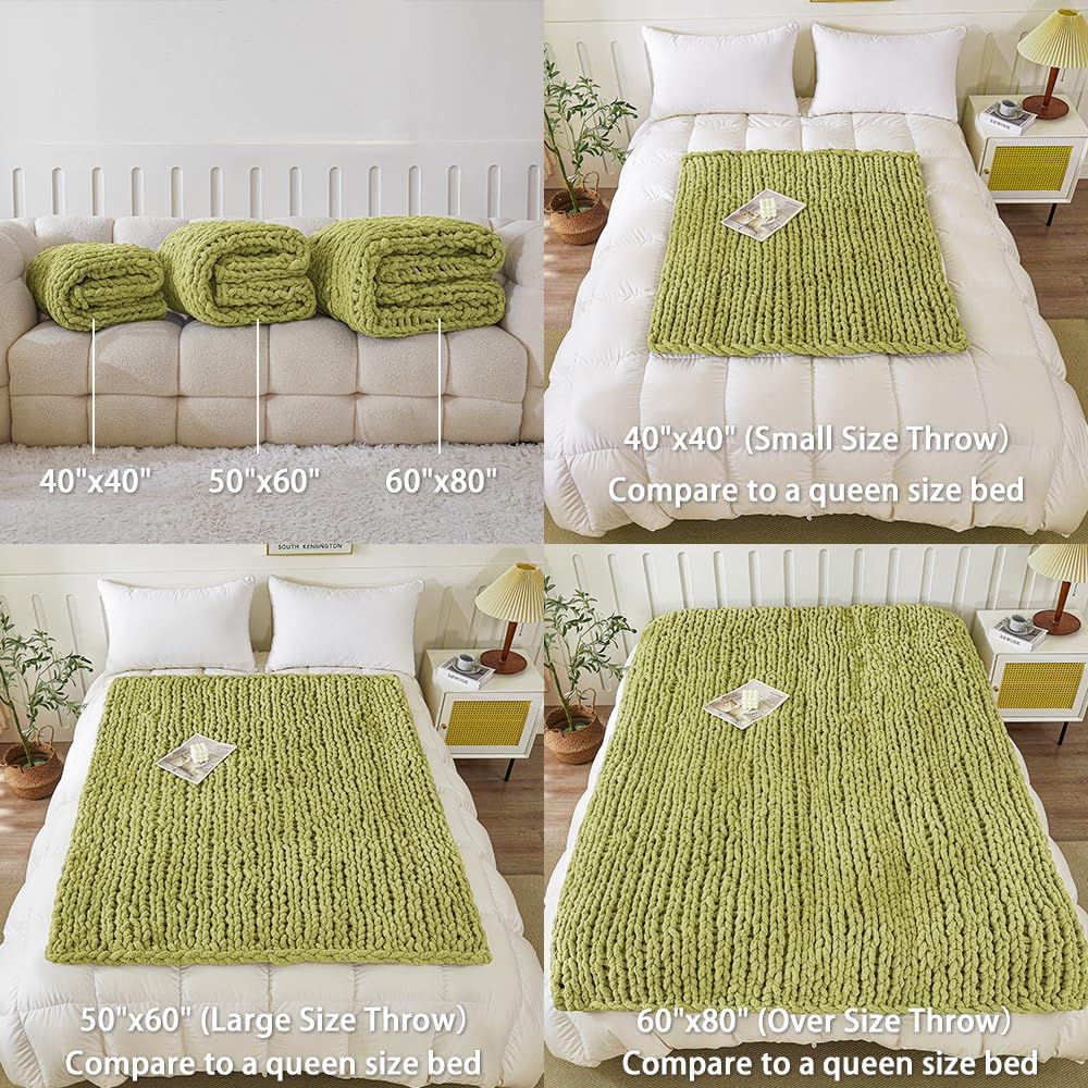 WESHIONGOO Chunky Knit Blanket Throw Knitted Throw Blankets for Couch Bed Fluffy Soft Blanket with Jumbo Chenille Yarn Thick 100% Handmade (Lime Green, 40"×40")
