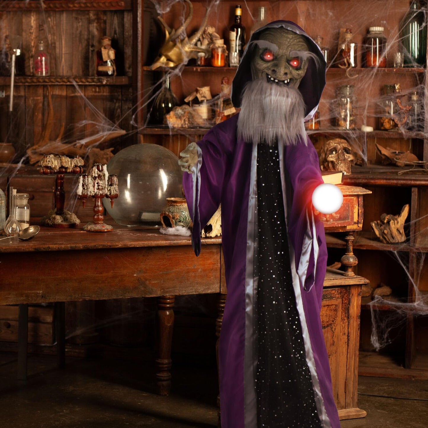 Haunted Hill Farm Talking Wizard Halloween Animatronic with Movement and Light-Up Crystal Ball for Scary Indoor or Covered Outdoor Halloween Decorations, Battery Operated Halloween Prop