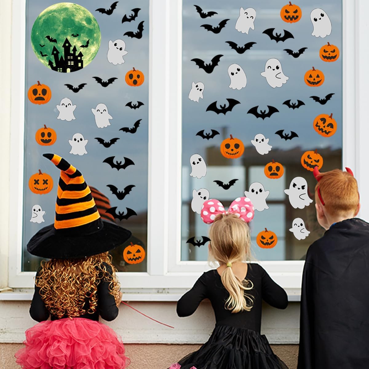 6 Sheets Halloween Window Clings Halloween Window Stickers Double-Sided Removable Castle Pumpkin Ghost Bat Window Decals Decor for Scary Halloween Theme Party Decorations