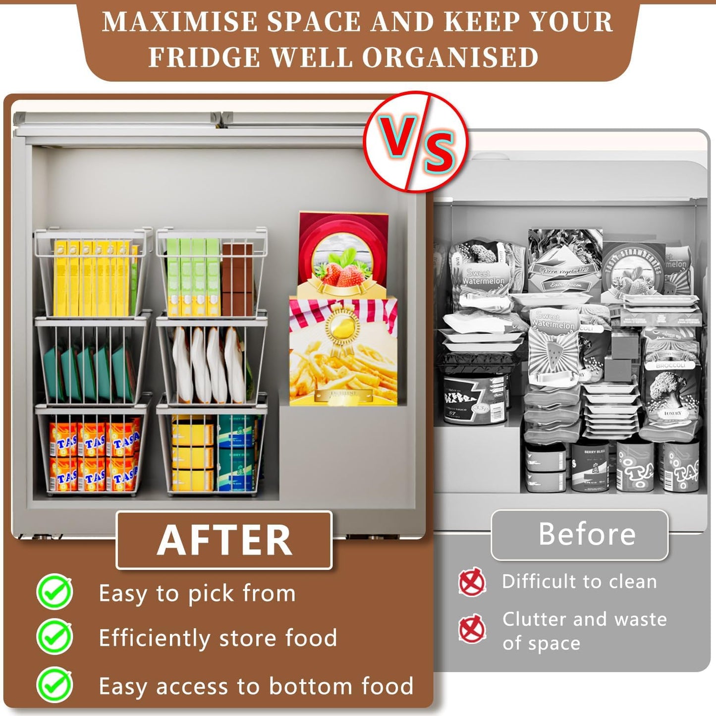 Freezer Organizer Bins ，Upgraded Bottom Leak-Proof net，4 Pack，Encryption and Hardening ，Deep Freezer Organizer Bins for 5 to 7 Cu.FT Small Chest Freezer， Easy Get Bottom Foods（white）