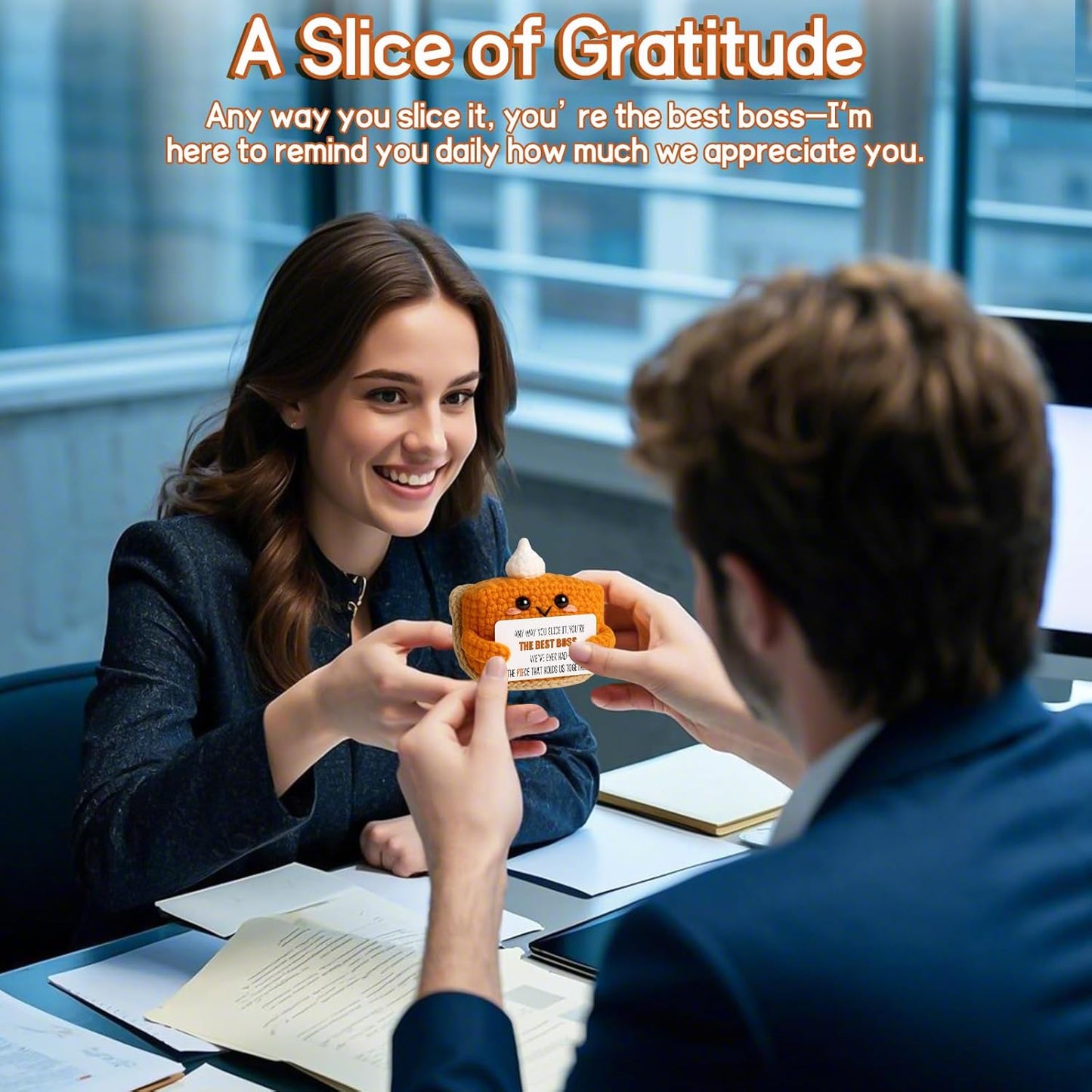 Crochet Pumpkin Pie Gift Idea for Boss – Funny Handmade Appreciation Plush with card “Best Boss” – Farewell Gifts for Women Men, Office Desk Decor, Mini Thank You Token for Manager, Supervisor, Leader