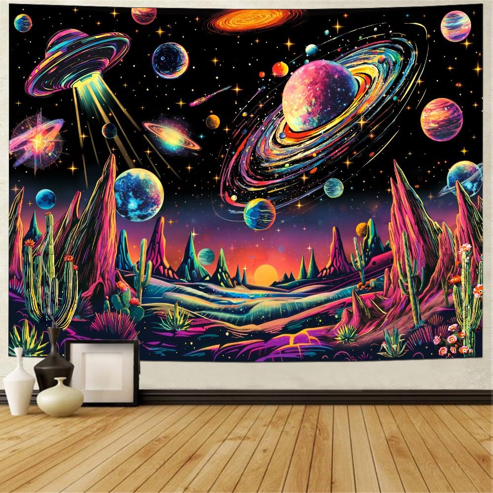 Tushelia Blacklight Galaxy Space Tapestry Neon Planet UFO Tapestries UV Reactive Cactus Mountain Wall Decor Black Light Starry Night Sky Tapestry Wall Hanging for Bedroom