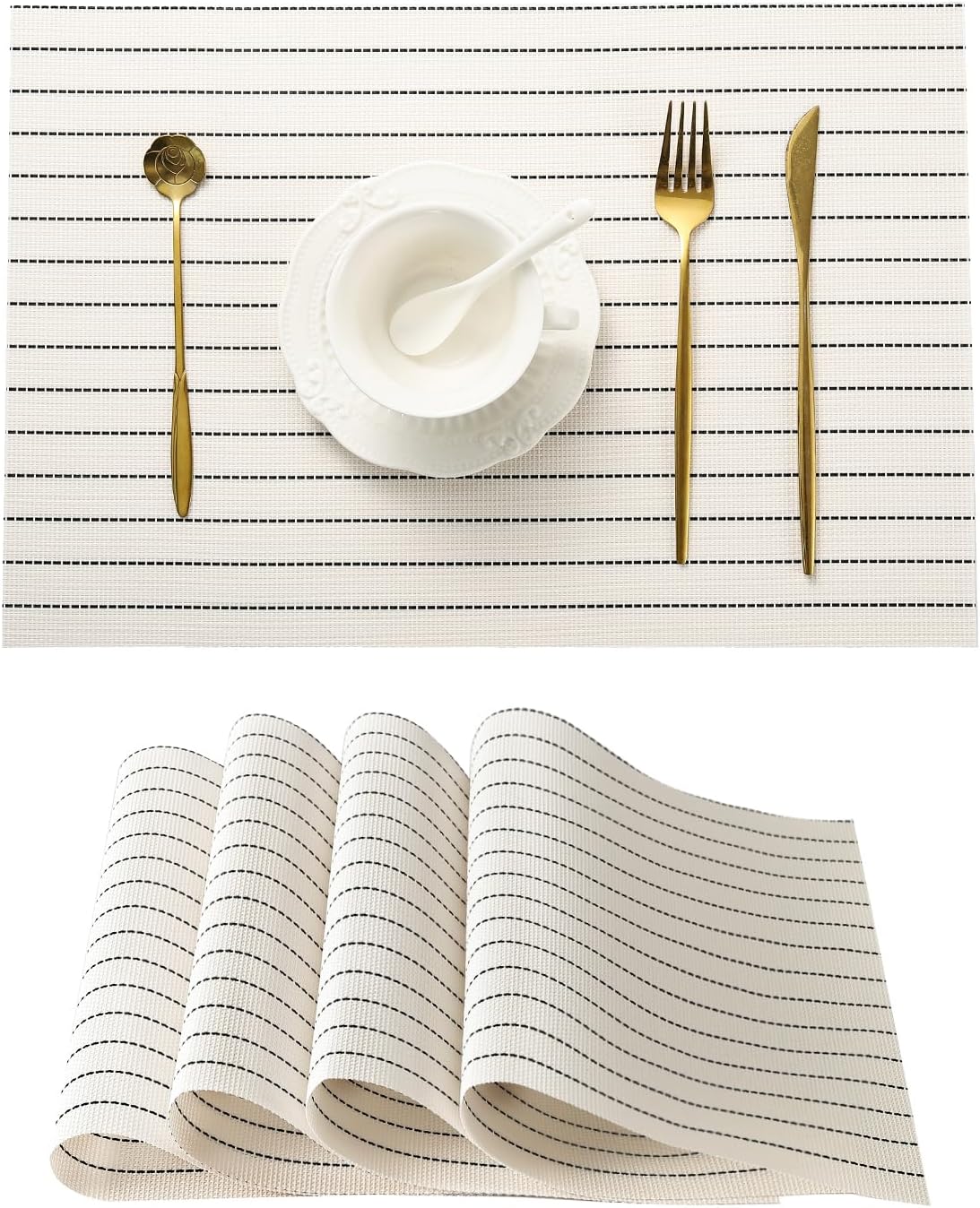 Leetaltree White with Black Stripes Placemats Set of 12 - Heat Resistant Non-Slip Place mats for Dining Table, Washable Durable PVC Vinyl Woven Table Mats（White Stripes, 12）