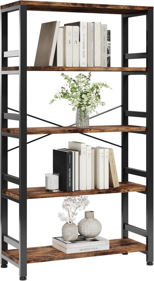 IRONCK Bookshelves and Bookcases, 31.5in Wide Shelf 5-Tier Ladder Shelf 110lbs/shelf Vintage Industrial Style Bookcase for Bedroom Living Room Home, Vintage Brown