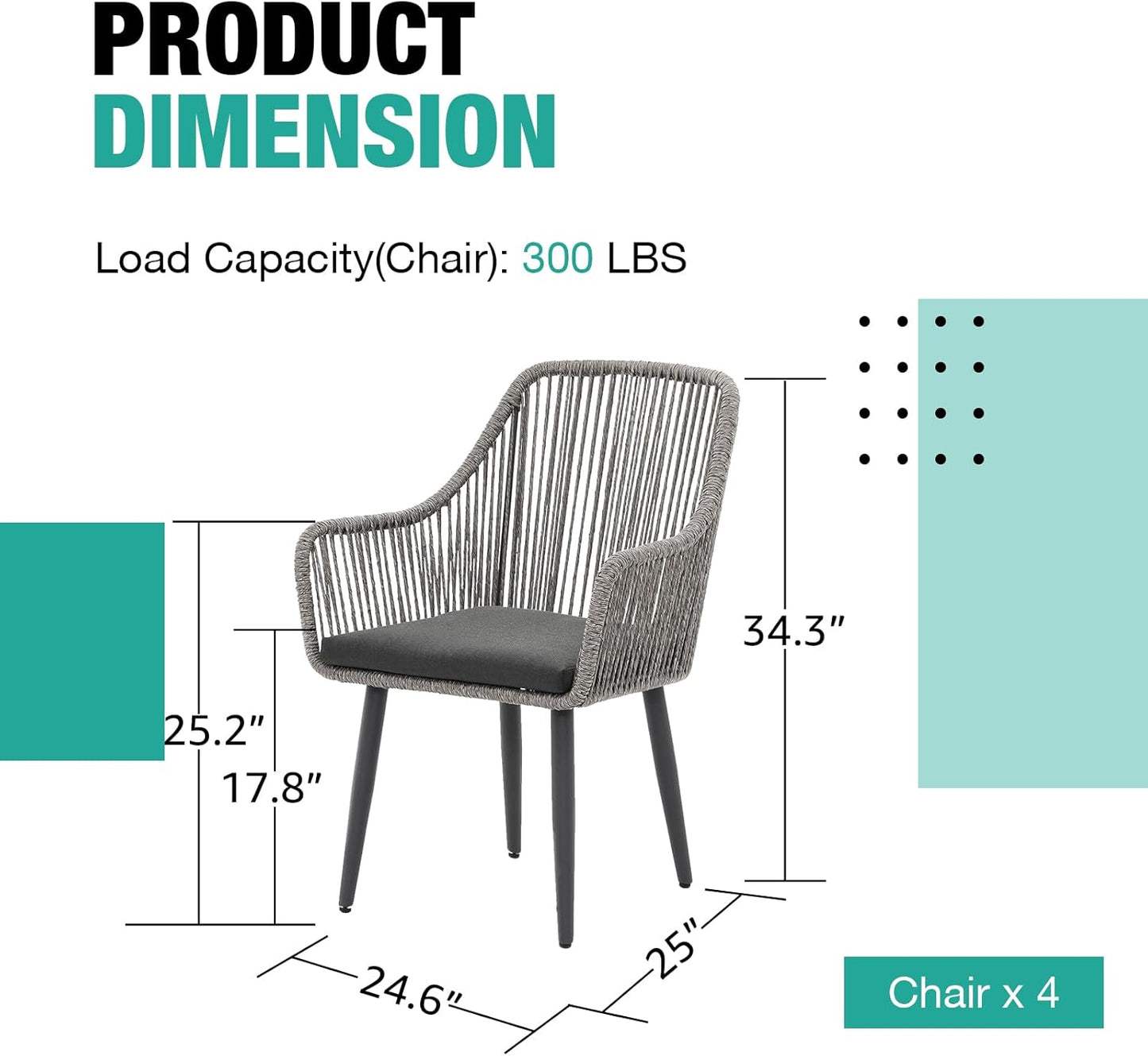 Patiorama Outdoor Dining Chairs, Patio Dining Chair Set of 4, All-Weather Woven Rope Rattan Chairs, Outdoor Dining Wicker Chairs with Armrests for Indoor Balcony Pool Backyard(Gray)