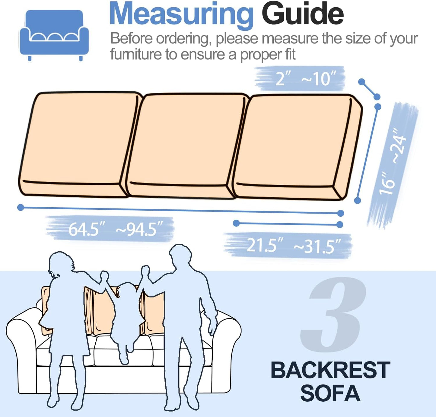 Large Backrest Cushion Covers Super Stretch Backrest Covers for 3 Cushion Couch Sofa, Couch Back Cushion Covers Featuring with Chenille Yarn (Softer Version, 3PC, Khaki)