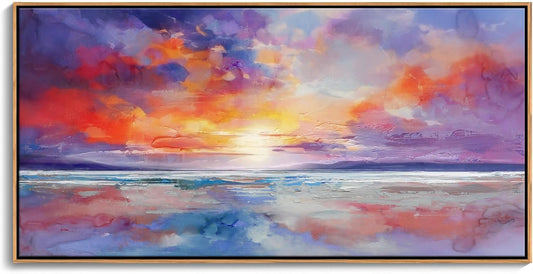 DUNHUANG ART Vibrant Orange Sunset Wall Art - Colorful Ocean Abstract Beach Decor for Living Room & Bathroom - Large Framed Coastal Seascape Picture - Ocean Sunrise Poster for Home Decoration 20"x40"