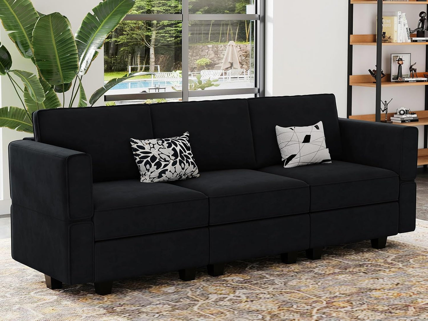Belffin Modular Sofa Couch with Storage Seats Velvet 3 Seater Sofa for Living Room Black