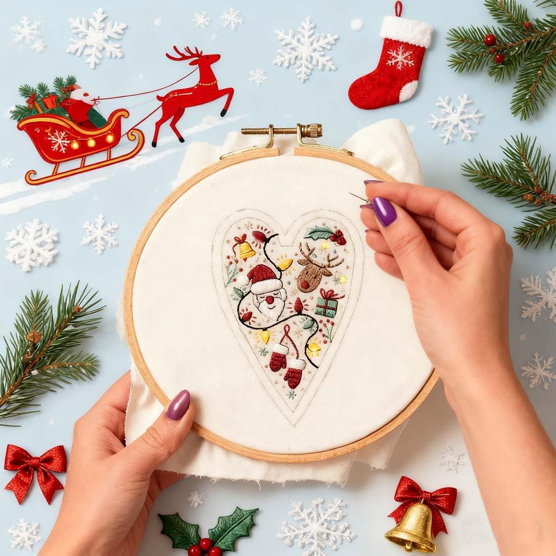 Christmas Ornament Embroidery Kit, DIY & Finished Heart Shaped Hand Embroidered Christmas Ornament/Ornament Kit, Beginner Friendly Cross Stitch Craft Set with Needles Thread (Finished)