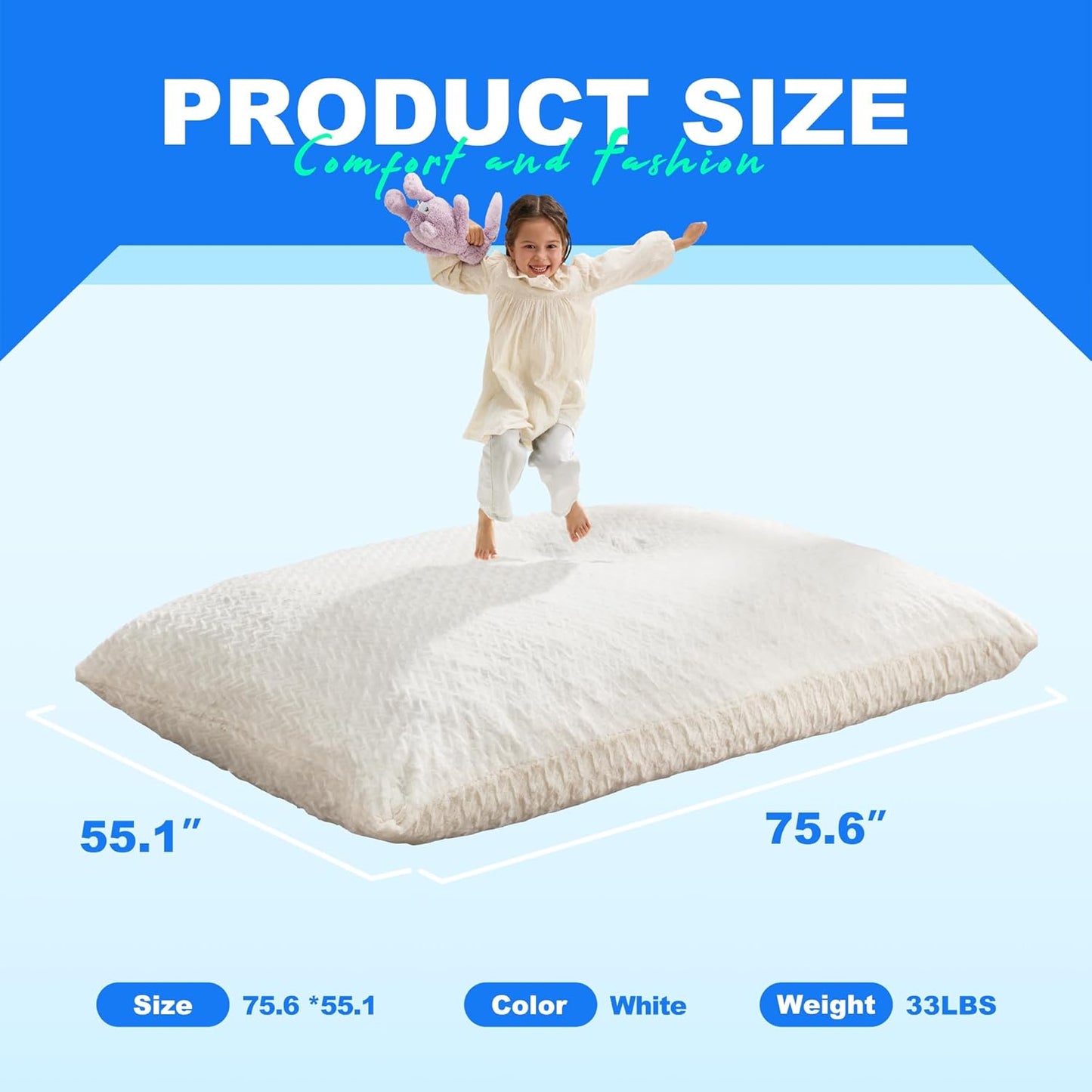 Hobestluk 3 in 1 Bean Bag Chair Giant Bean Bag Chairs for Adults with Chevron Plush Fur Cover Convertible Bean Bag Floor Cushion with Machine Washable Cover for Living Room (Chevron Plush White)