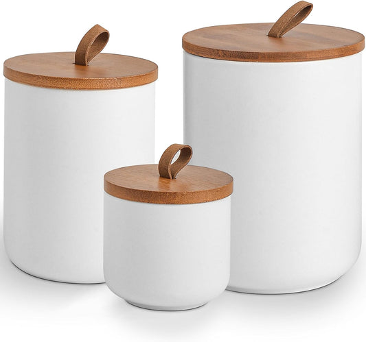White Ceramic Canister Set with Bamboo Lids, 3-Piece Airtight Food Storage Jars for Kitchen - Flour, Sugar, Coffee, Tea, Spice - Small, Medium, Large Sizes