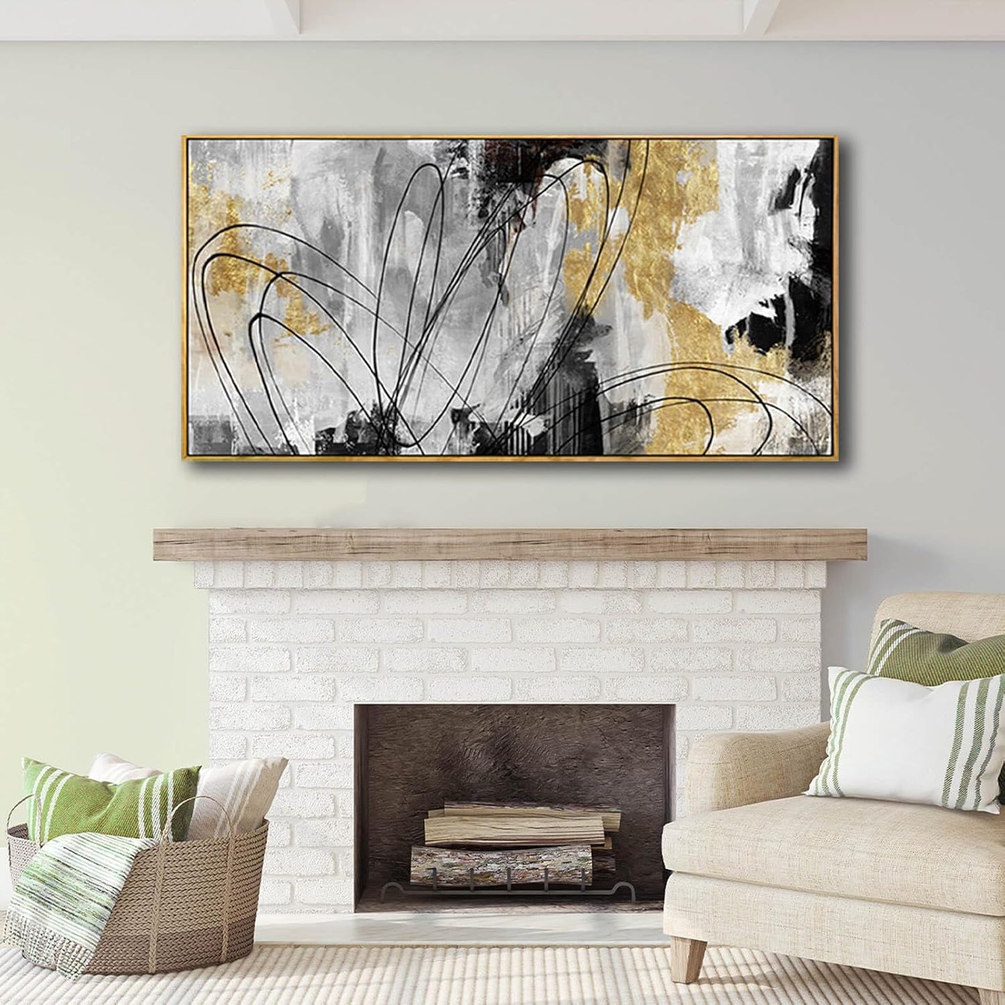 YJYart Abstract Wall Art Office Decor Gold Wall Decor for Living Room Black and White Artwork Line Art Frame Room Decor for Bedroom 24X48 Inch